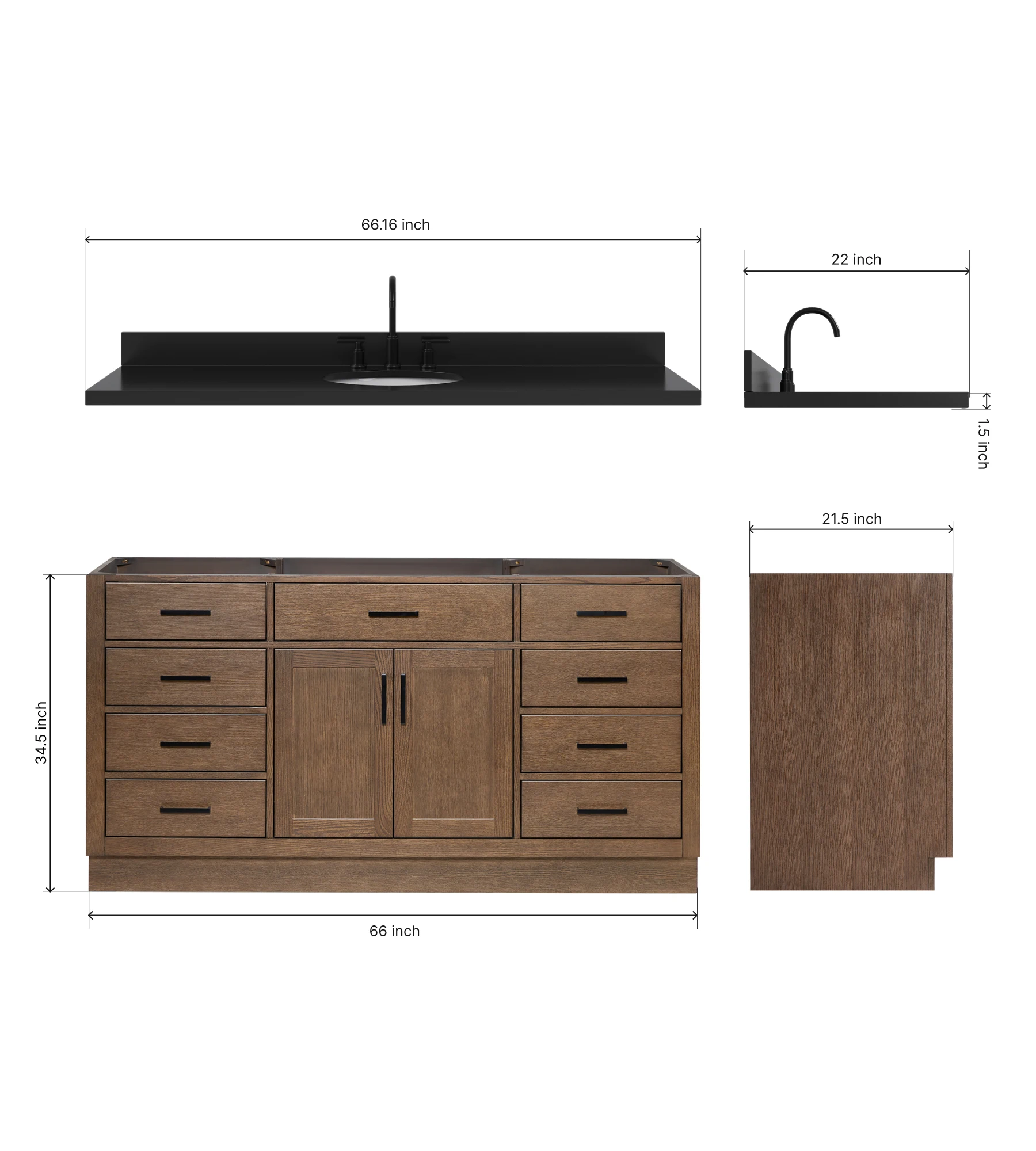 ARIEL Hepburn 66 Inch Single Oval Sink Bathroom Vanity With Carbon Black Quartz Countertop 1.5 Inch In Brown Oak