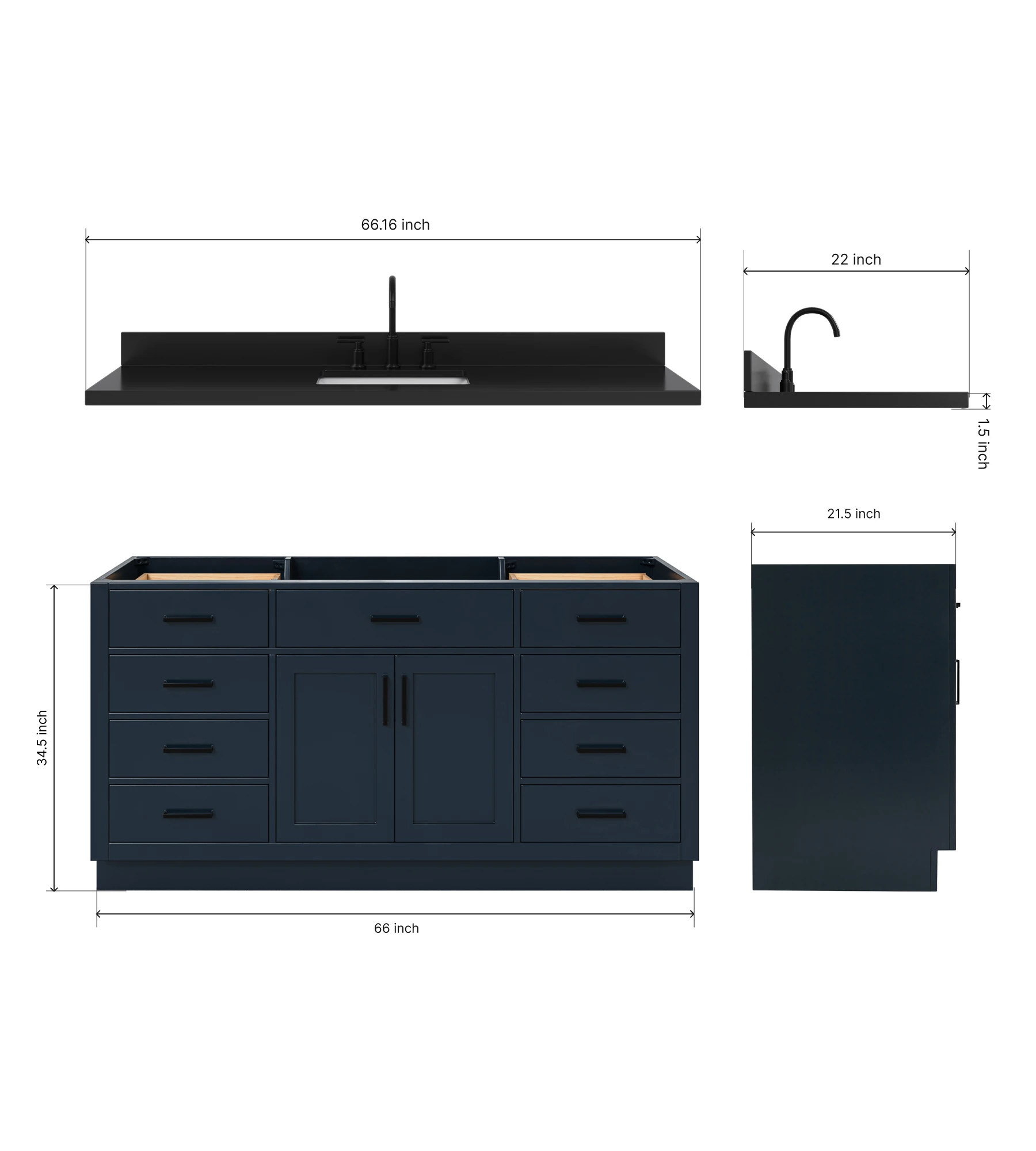 ARIEL Hepburn 66 Inch Single Rectangle Sink Bathroom Vanity With Carbon Black Quartz Countertop 1.5 Inch In Midnight Blue
