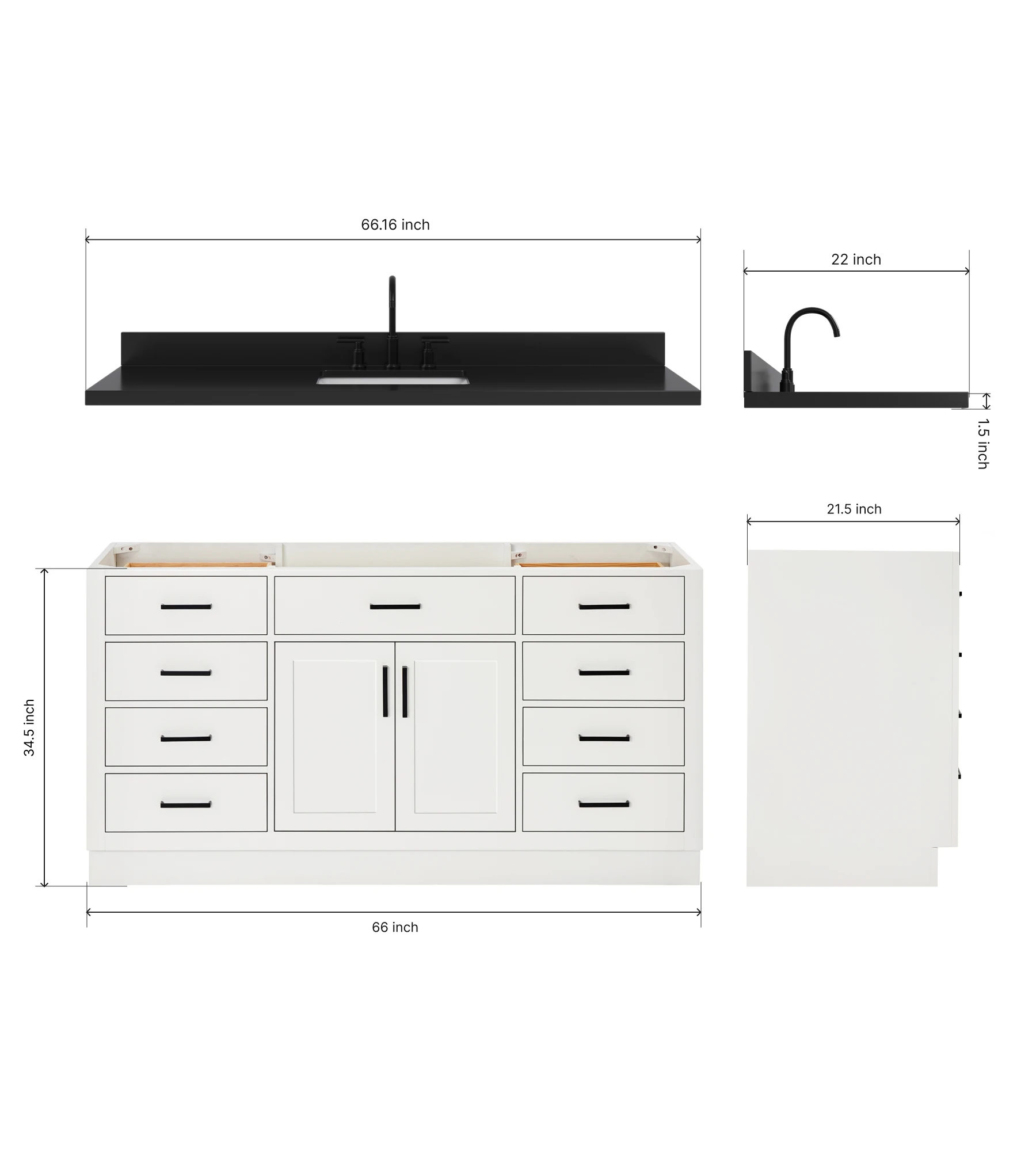ARIEL Hepburn 66 Inch Single Rectangle Sink Bathroom Vanity With Carbon Black Quartz Countertop 1.5 Inch In White