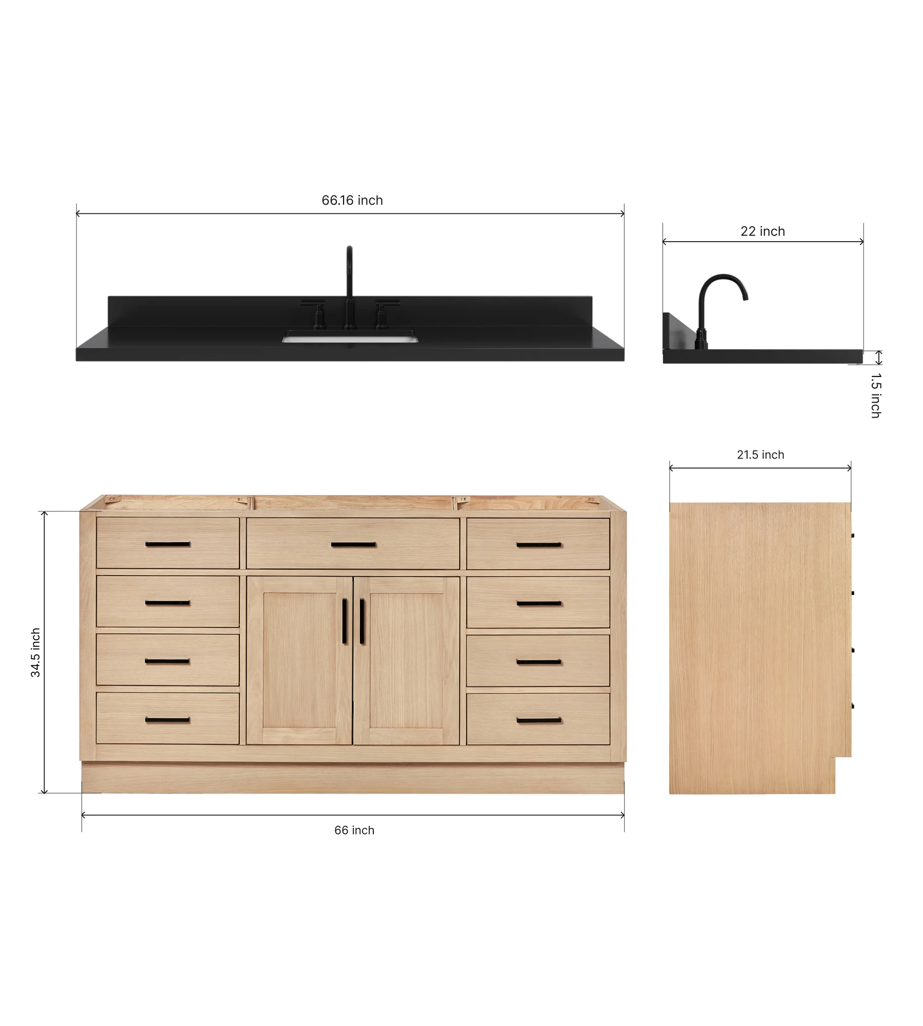 ARIEL Hepburn 66 Inch Single Rectangle Sink Bathroom Vanity With Carbon Black Quartz Countertop 1.5 Inch In Oak