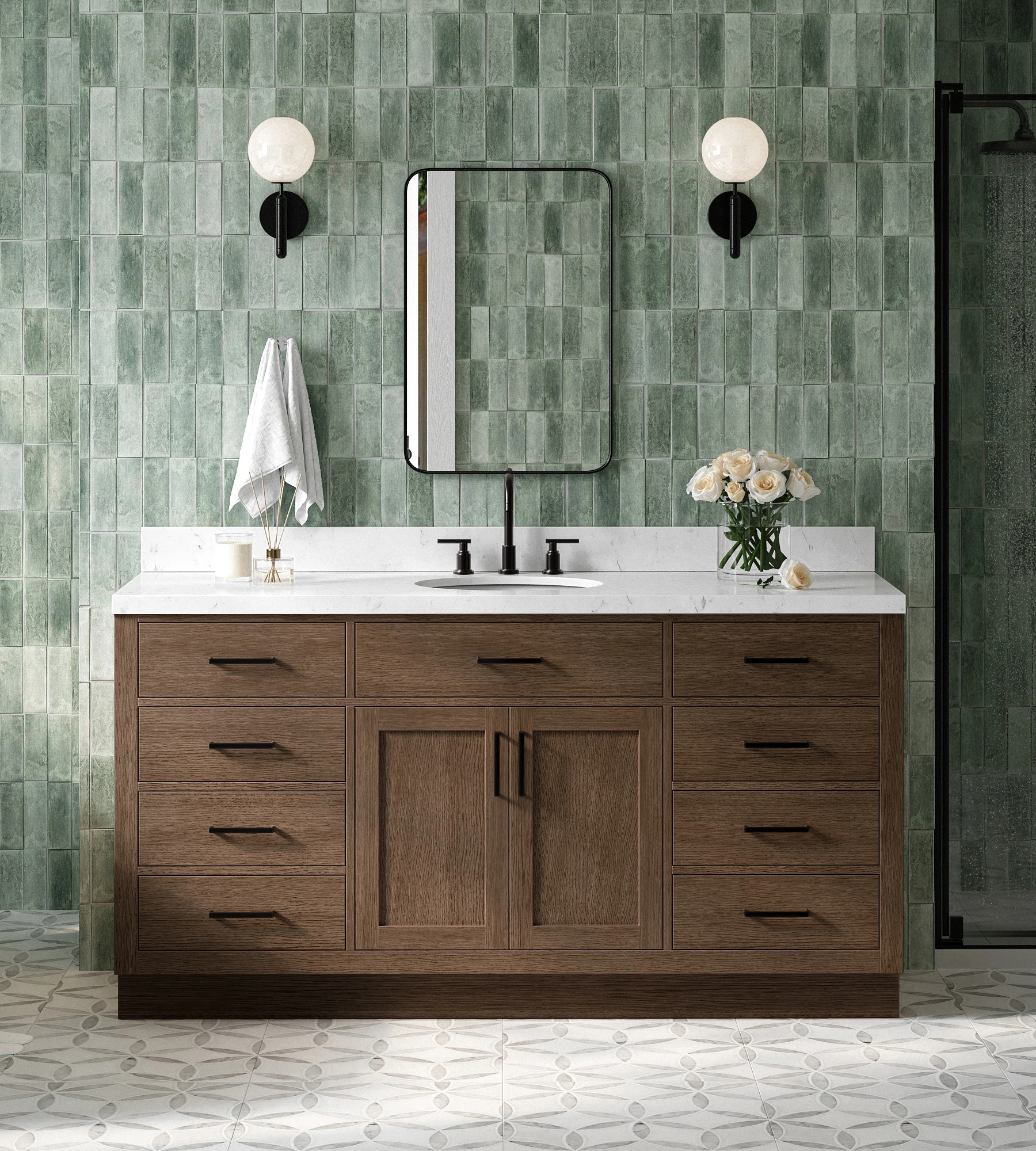 ARIEL Hepburn 66 Inch Single Oval Sink Bathroom Vanity With Carrara White Quartz Countertop 1.5 Inch In Brown Oak
