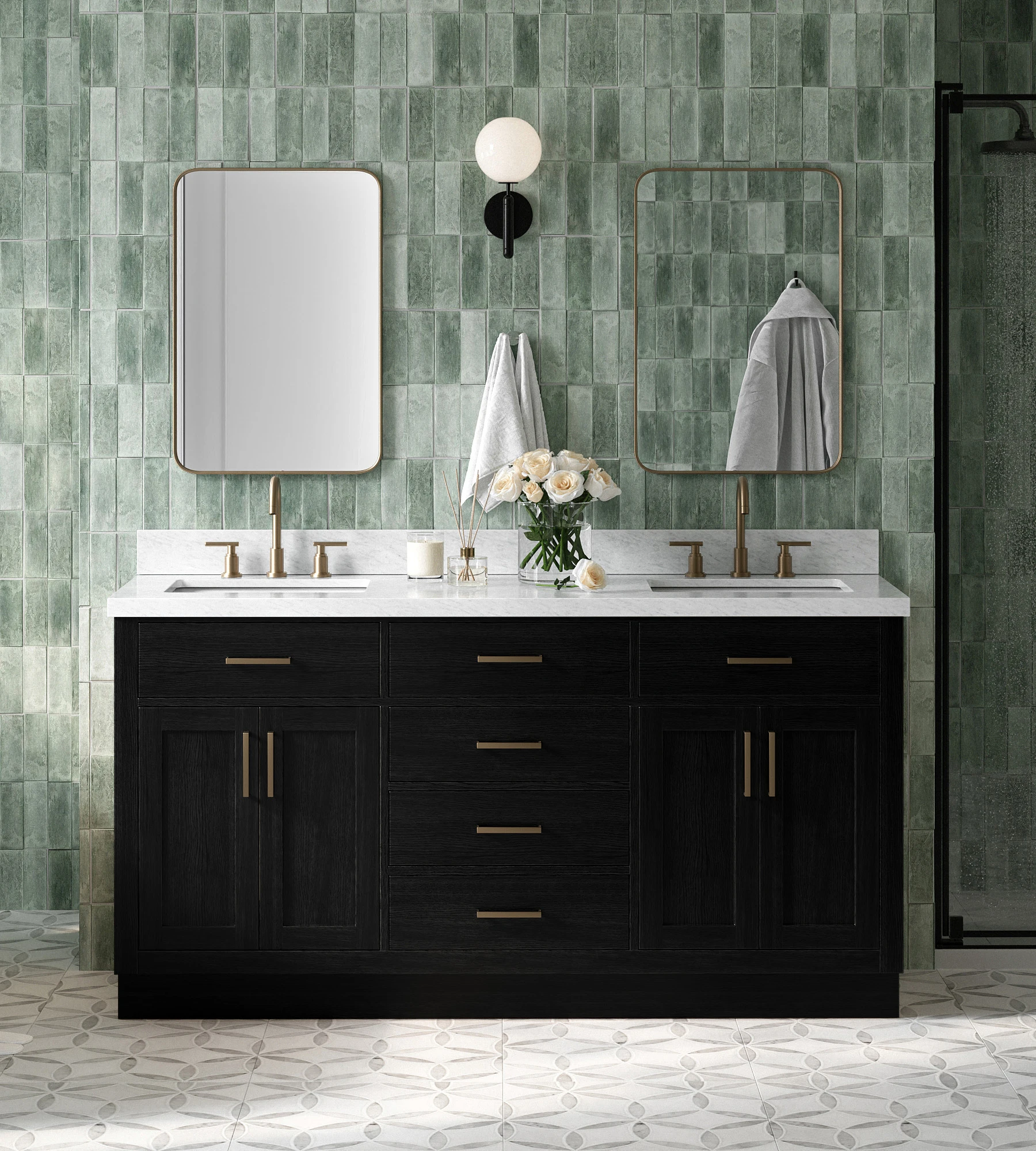 ARIEL Hepburn 67 Inch Double Rectangle Sink Bathroom Vanity With Carrara White Marble Countertop 1.5 Inch In Black Oak