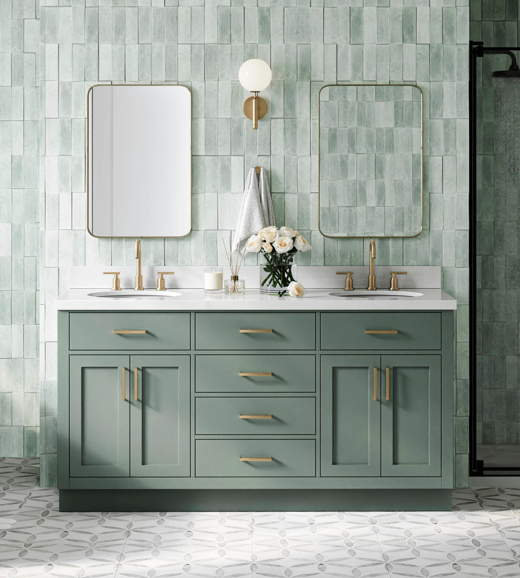 ARIEL Hepburn 67 Inch Double Oval Sink Bathroom Vanity With Pure White Quartz Countertop 1.5 Inch In Vintage Sage Green