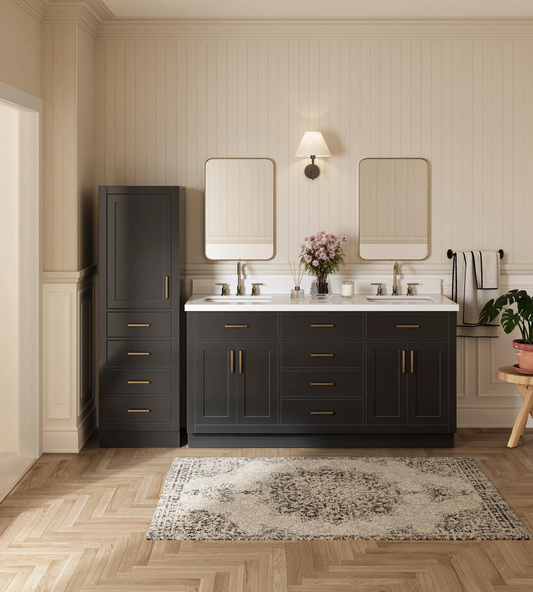 ARIEL Hepburn 87" Single Bathroom Vanity With Linen Cabinet In Black