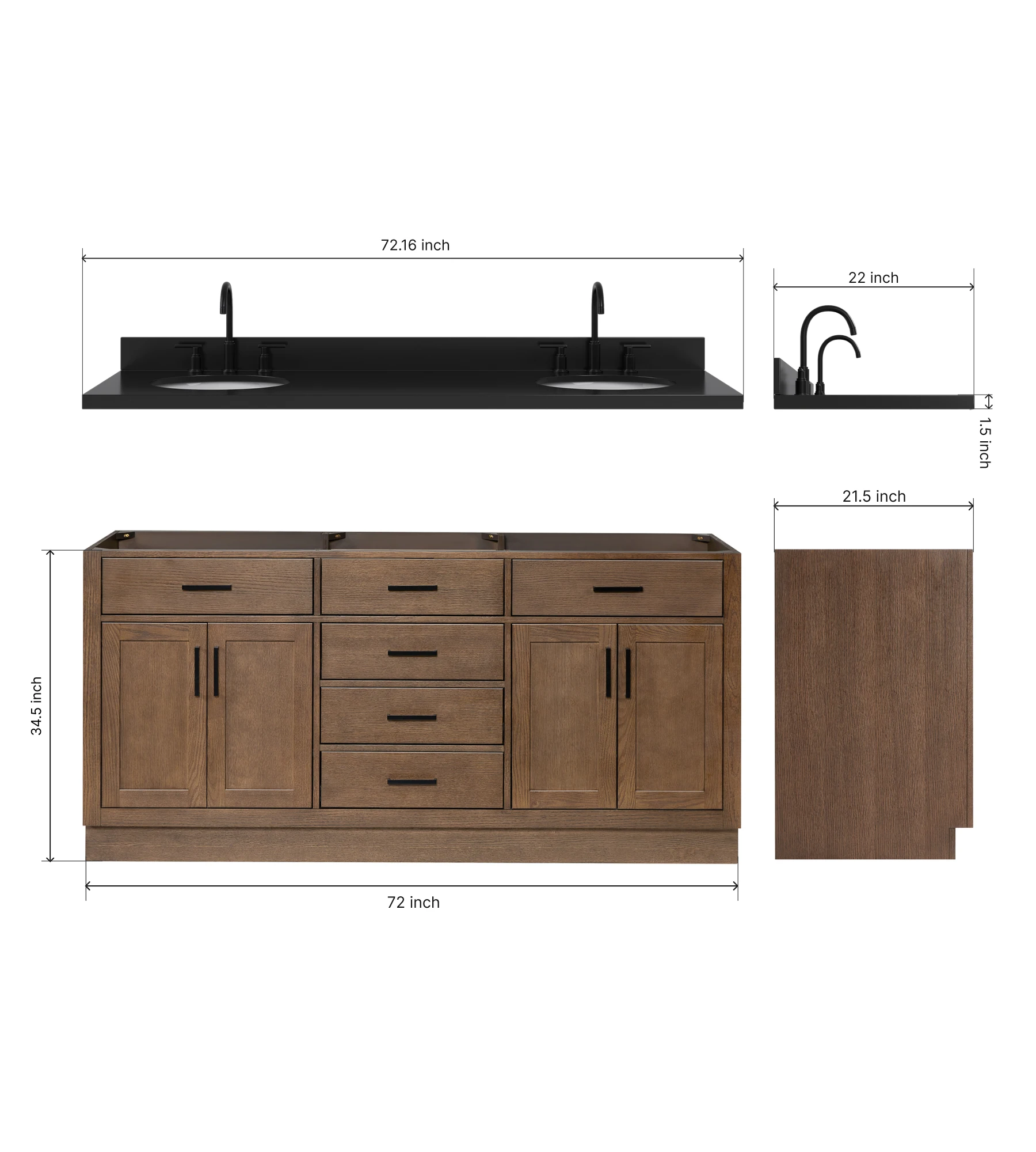 ARIEL Hepburn 72 Inch Double Oval Sink Bathroom Vanity With Carbon Black Quartz Countertop 1.5 Inch In Brown Oak
