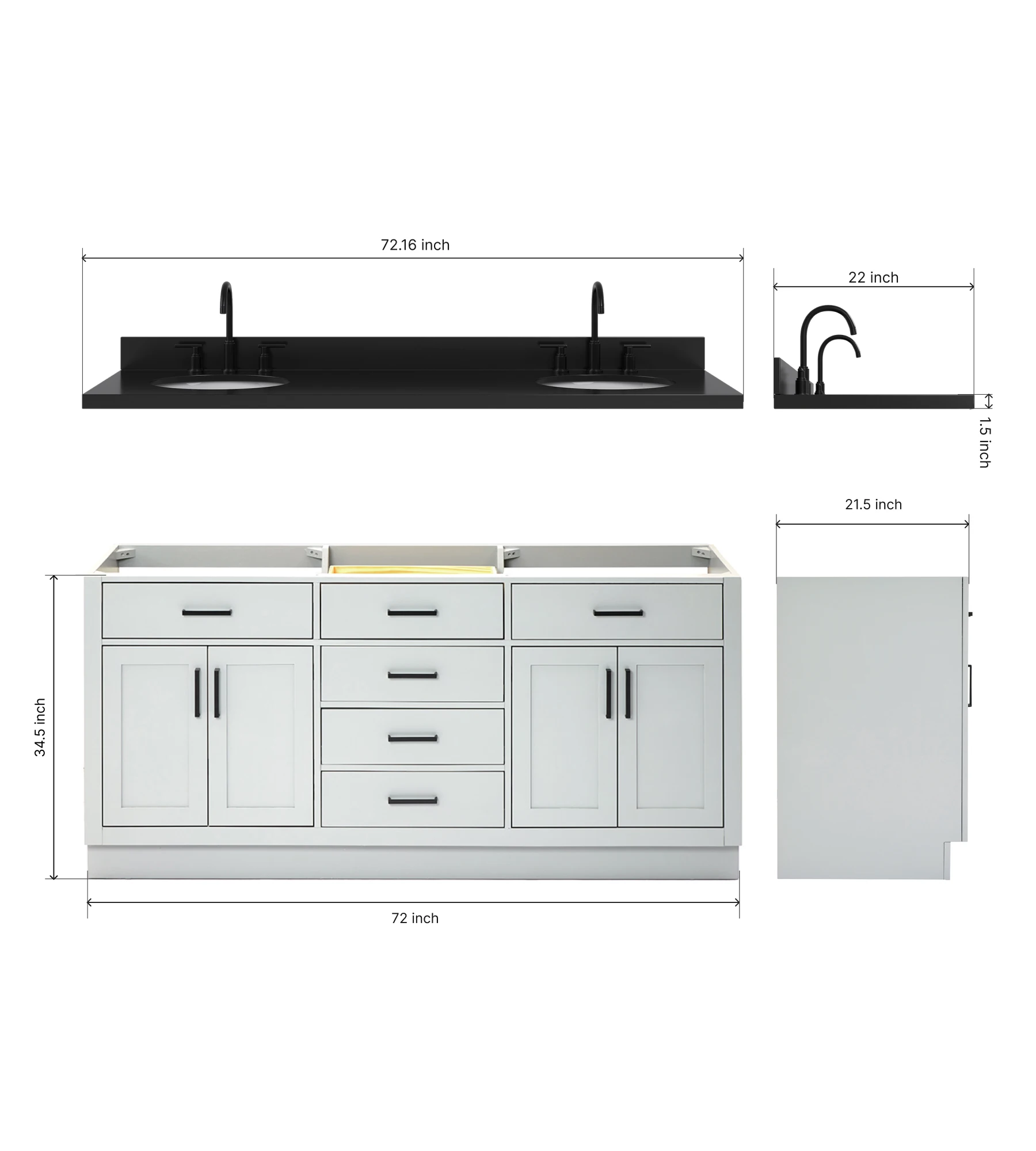 ARIEL Hepburn 72 Inch Double Oval Sink Bathroom Vanity With Carbon Black Quartz Countertop 1.5 Inch In Grey