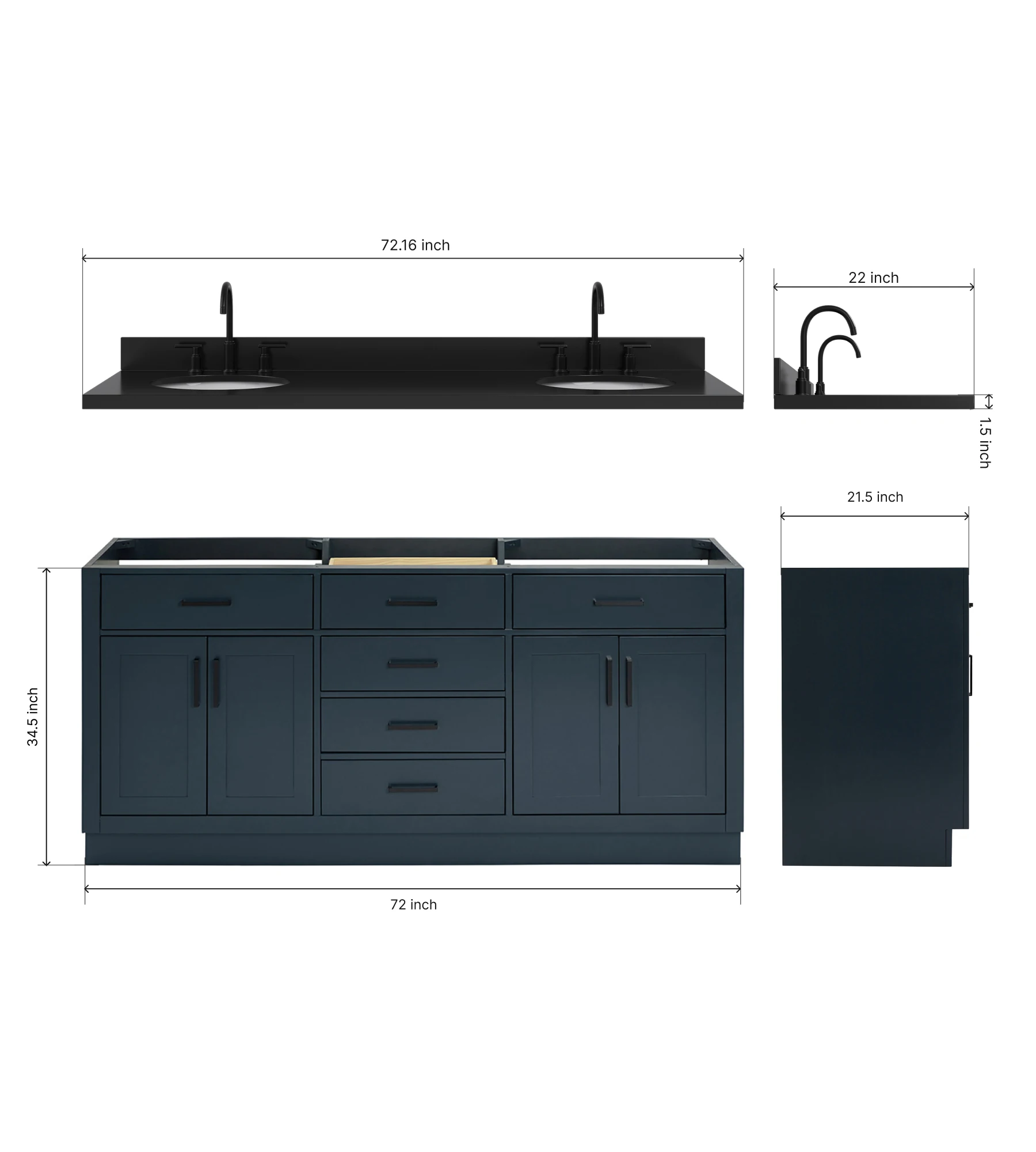 ARIEL Hepburn 72 Inch Double Oval Sink Bathroom Vanity With Carbon Black Quartz Countertop 1.5 Inch In Midnight Blue