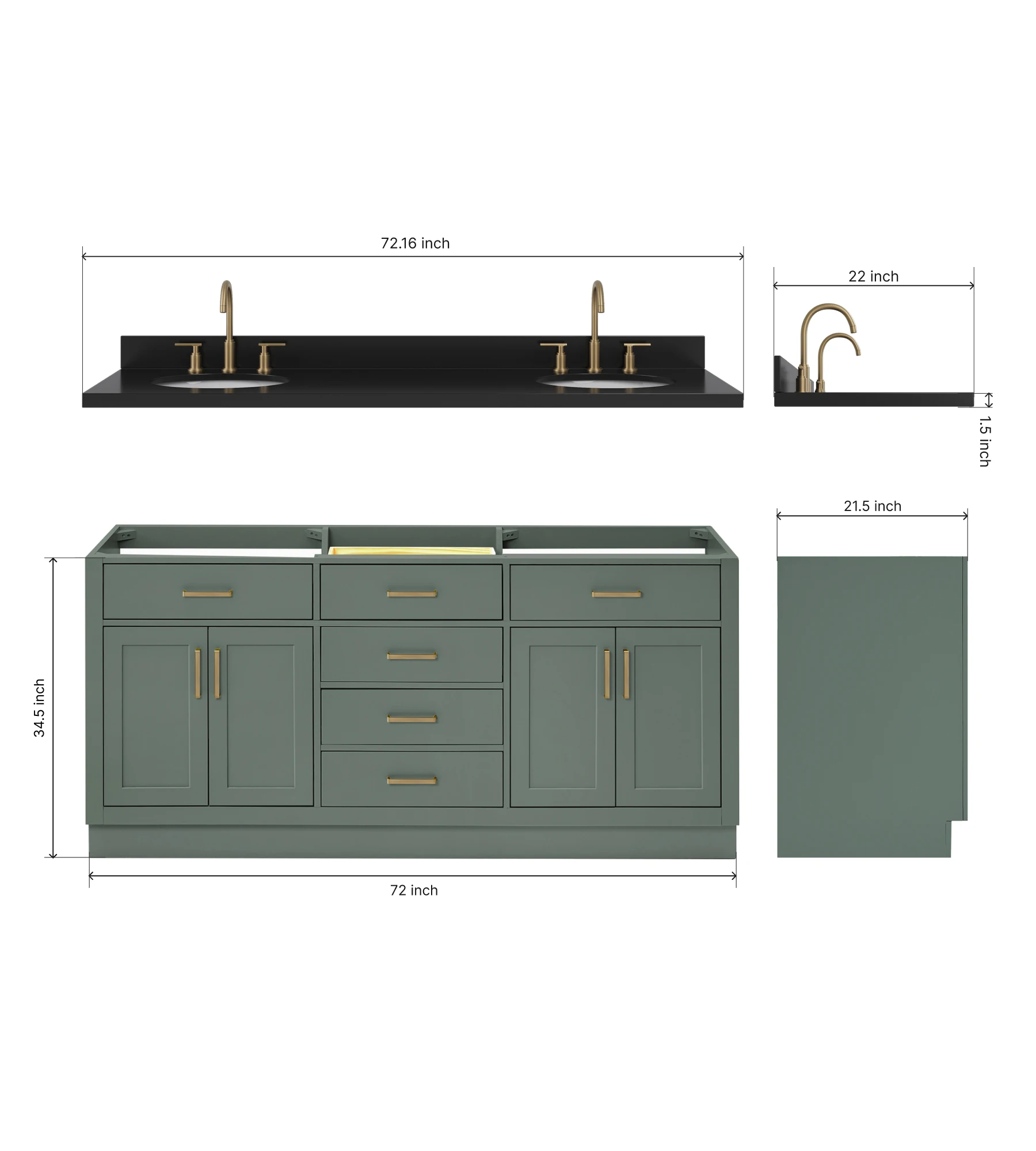 ARIEL Hepburn 72 Inch Double Oval Sink Bathroom Vanity With Carbon Black Quartz Countertop 1.5 Inch In Vintage Sage Green