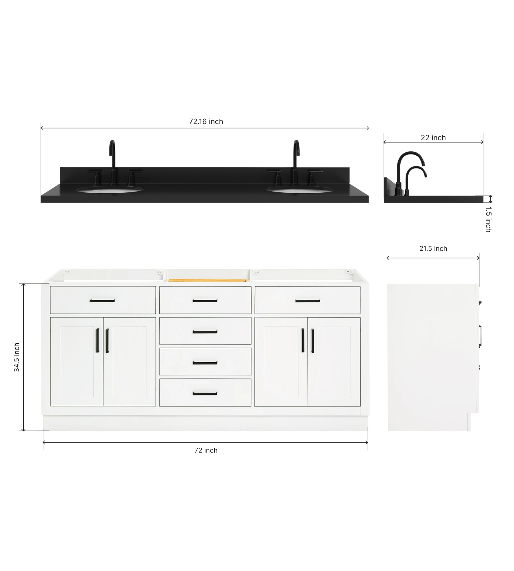 ARIEL Hepburn 72 Inch Double Oval Sink Bathroom Vanity With Carbon Black Quartz Countertop 1.5 Inch In White