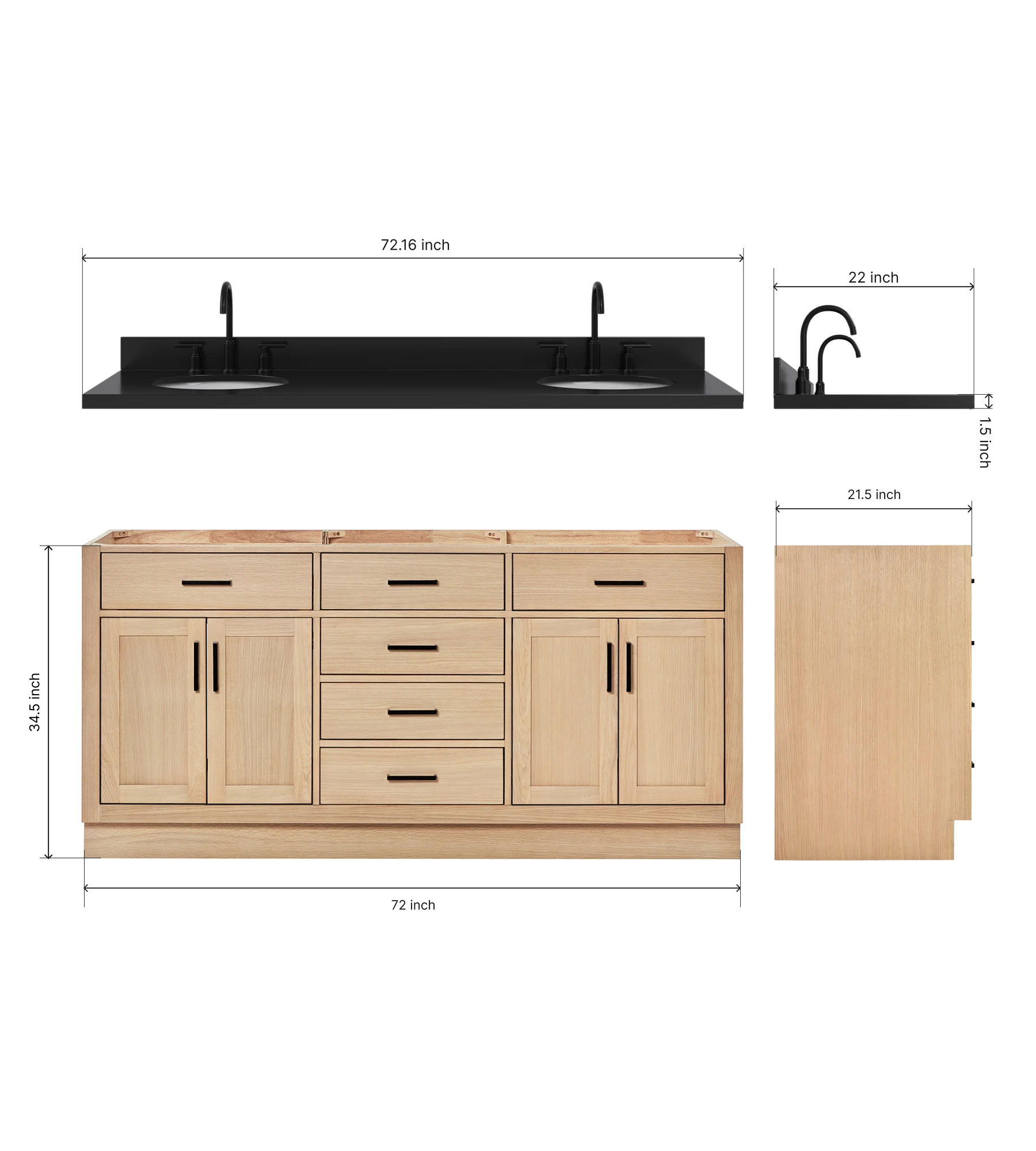 ARIEL Hepburn 72 Inch Double Oval Sink Bathroom Vanity With Carbon Black Quartz Countertop 1.5 Inch In Oak
