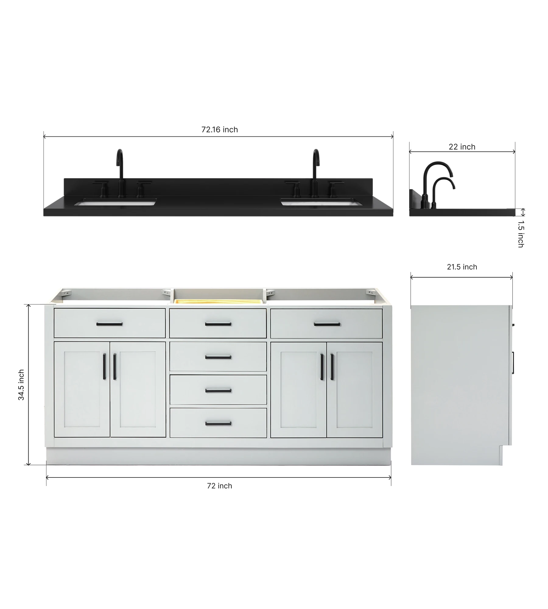 ARIEL Hepburn 72 Inch Double Rectangle Sink Bathroom Vanity With Carbon Black Quartz Countertop 1.5 Inch In Grey