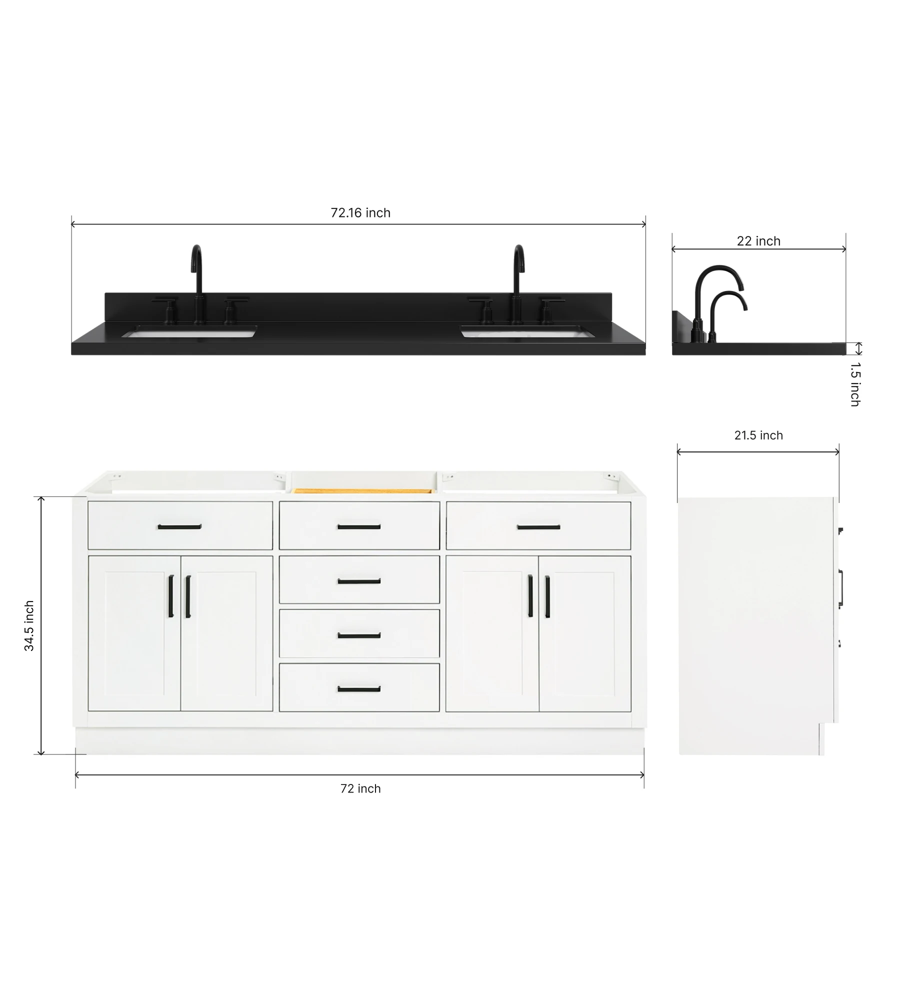 ARIEL Hepburn 72 Inch Double Rectangle Sink Bathroom Vanity With Carbon Black Quartz Countertop 1.5 Inch In White