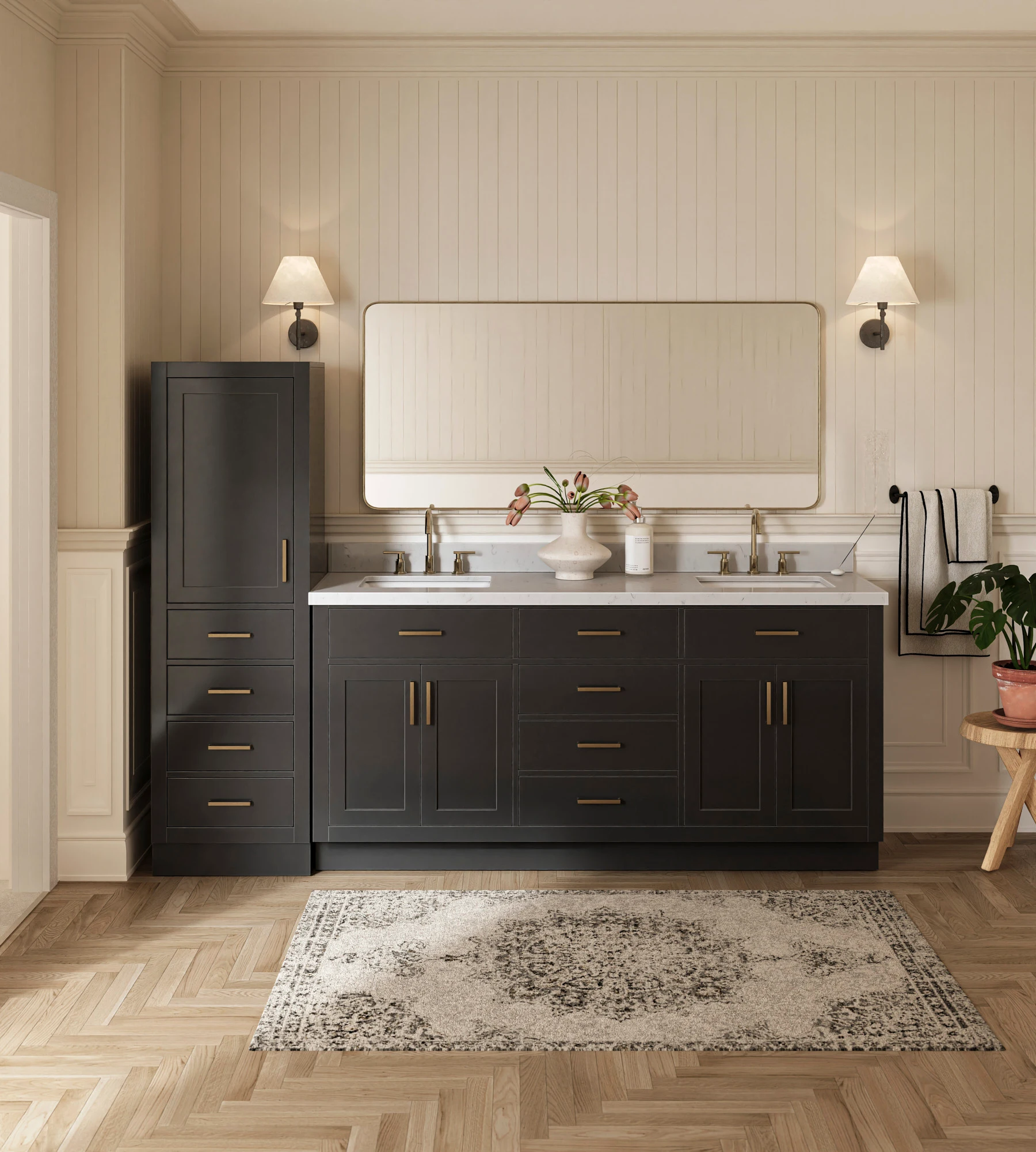 ARIEL Hepburn 92" Single Bathroom Vanity With Linen Cabinet In Black