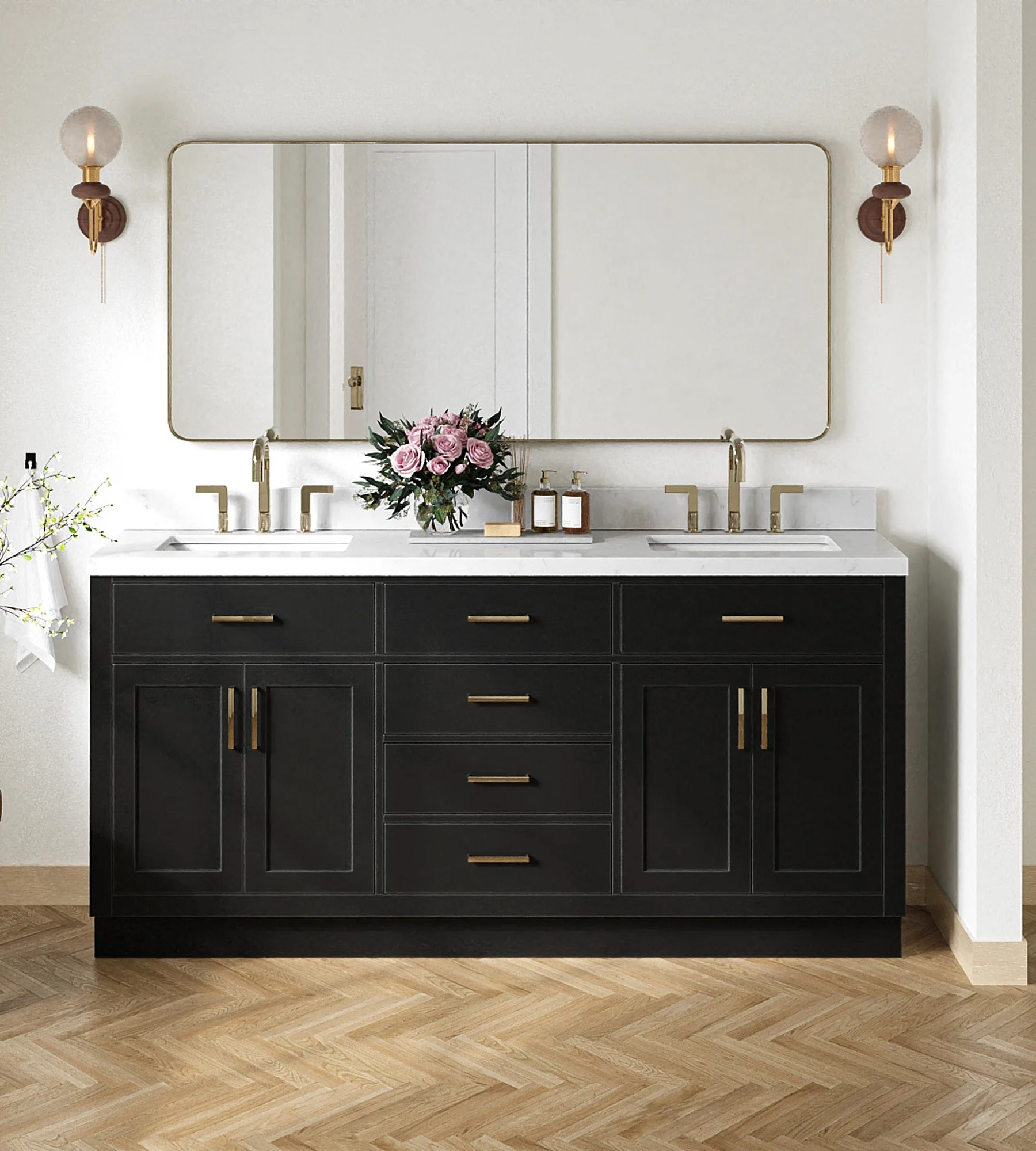 ARIEL Hepburn 72 Inch Double Rectangle Sink Bathroom Vanity With Carrara White Quartz Countertop 1.5 Inch Edge In Black
