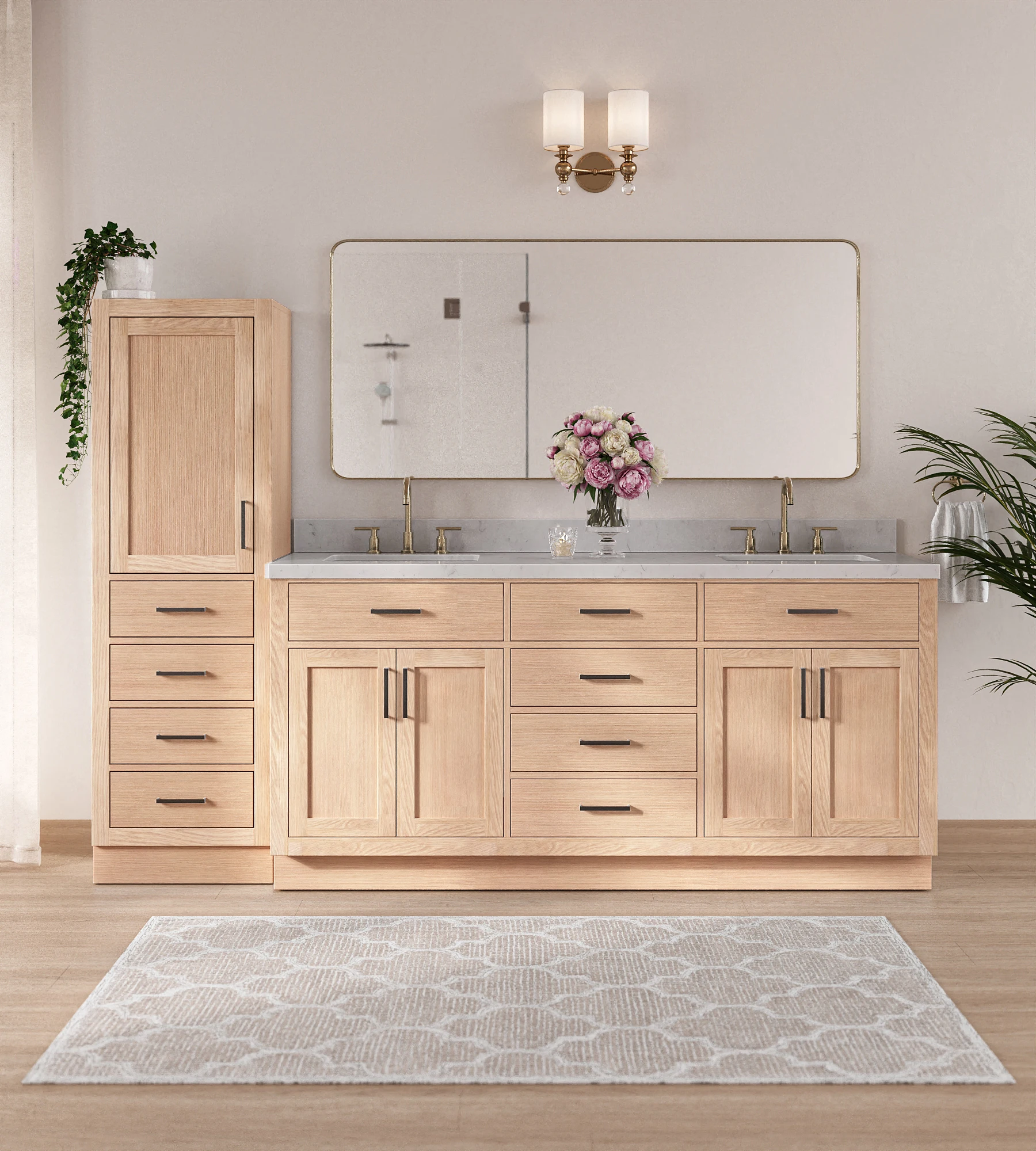 ARIEL Hepburn 92" Single Bathroom Vanity With Linen Cabinet In Oak