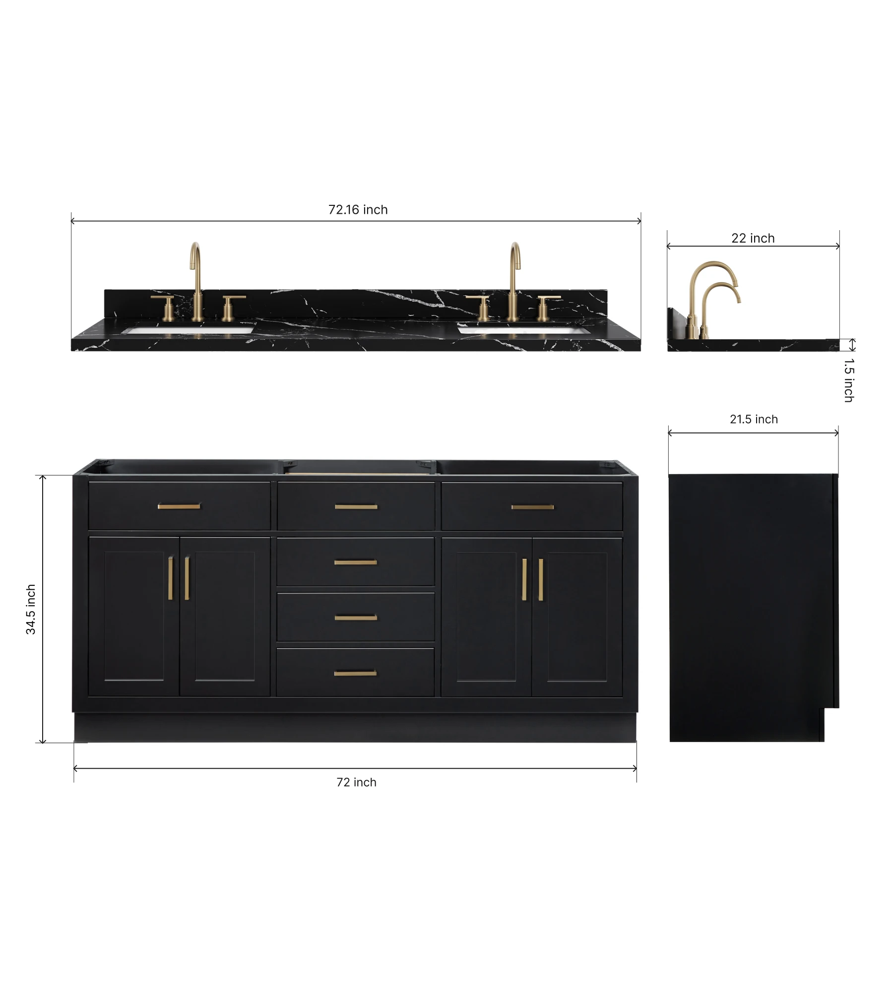 ARIEL Hepburn 72 Inch Double Rectangular Sink Bathroom Vanity With Nero Marquina Black Quartz Countertop 1.5 Inch In Black