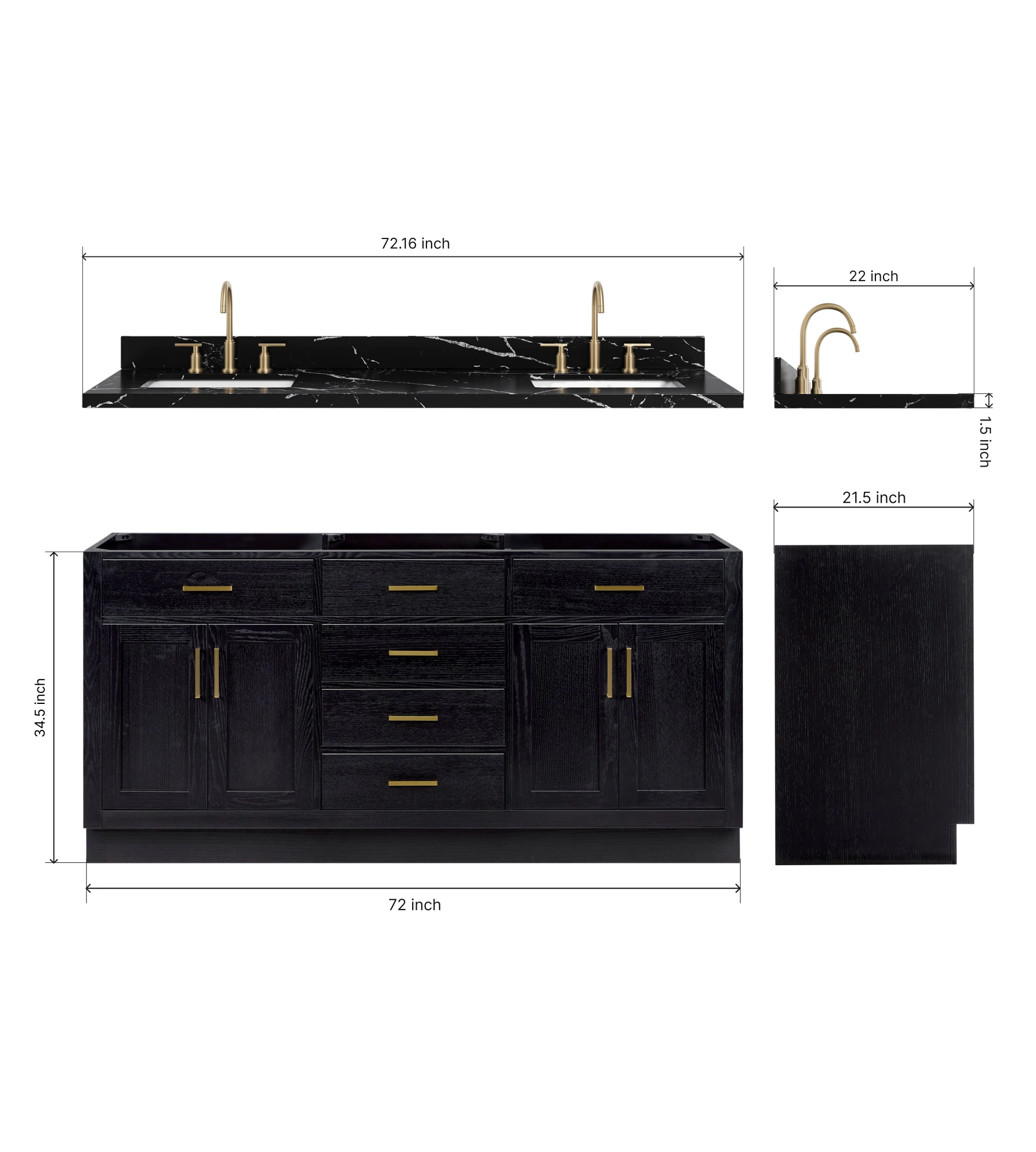 ARIEL Hepburn 72 Inch Double Rectangular Sink Bathroom Vanity With Nero Marquina Black Quartz Countertop 1.5 Inch In Black Oak