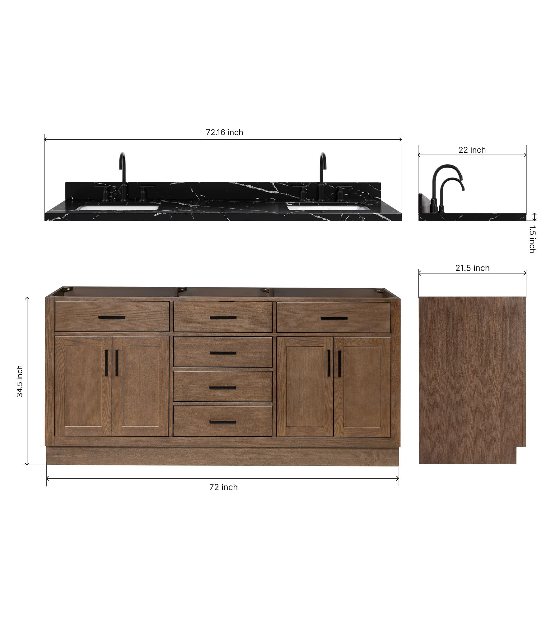ARIEL Hepburn 72 Inch Double Rectangular Sink Bathroom Vanity With Nero Marquina Black Quartz Countertop 1.5 Inch In Brown Oak