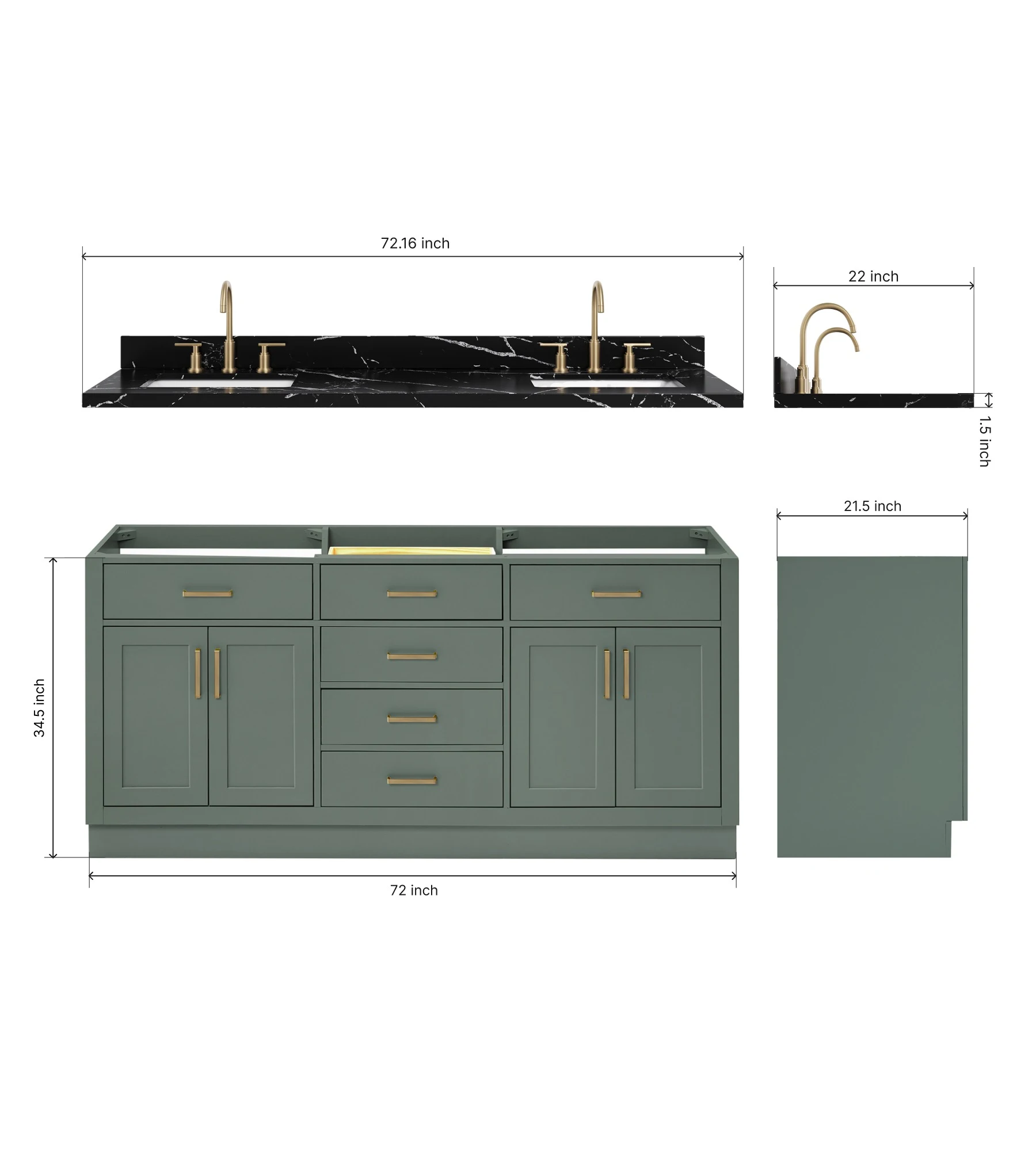 ARIEL Hepburn 72 Inch Double Rectangular Sink Bathroom Vanity With Nero Marquina Black Quartz Countertop 1.5 Inch In Vintage Sage Green