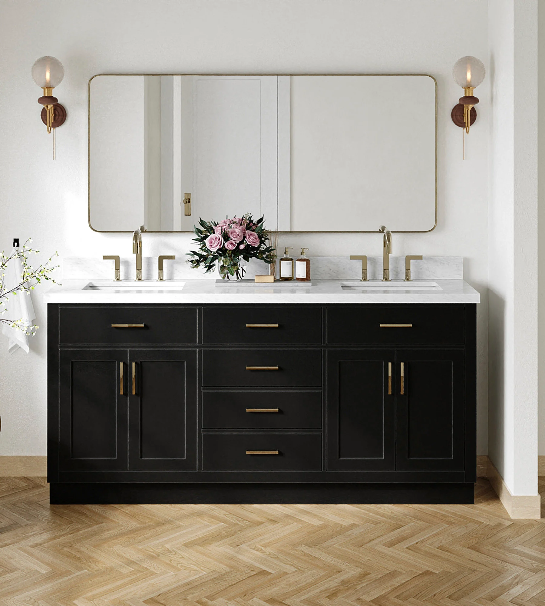 ARIEL Hepburn 73 Inch Double Rectangle Sink Bathroom Vanity With Carrara White Marble Countertop 1.5 Inch Edge In Black