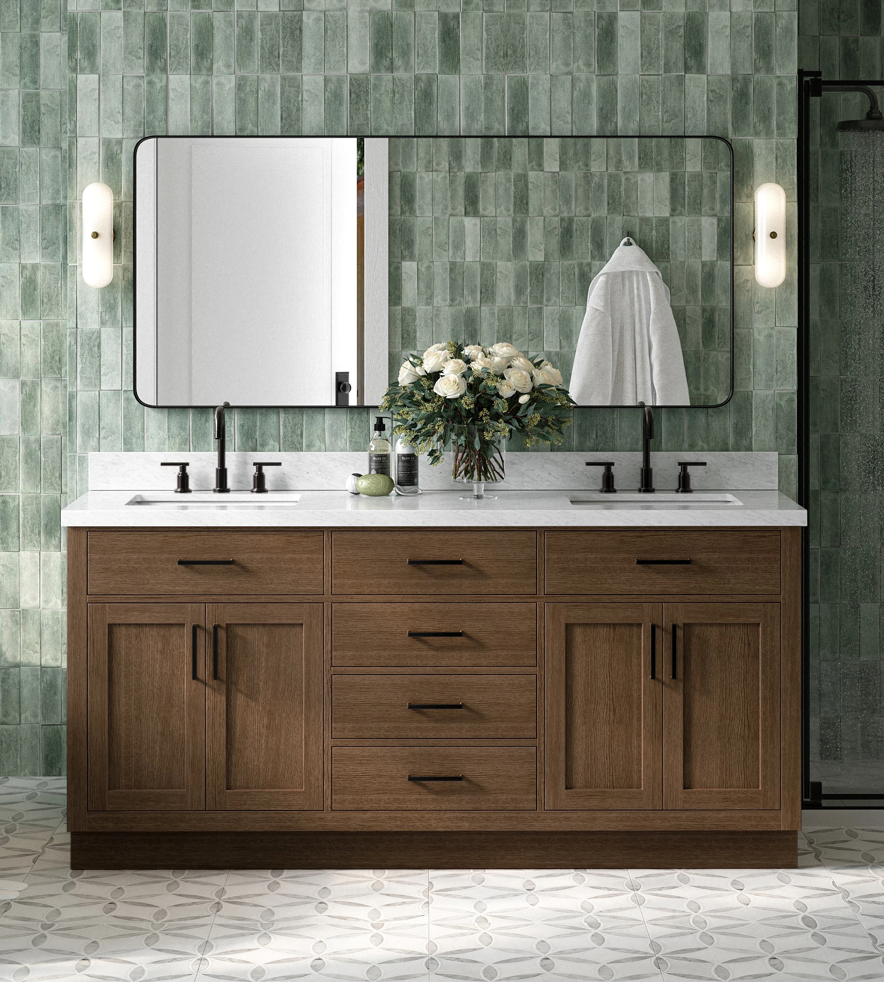 ARIEL Hepburn 73 Inch Double Rectangle Sink Bathroom Vanity With Carrara White Marble Countertop 1.5 Inch In Brown Oak