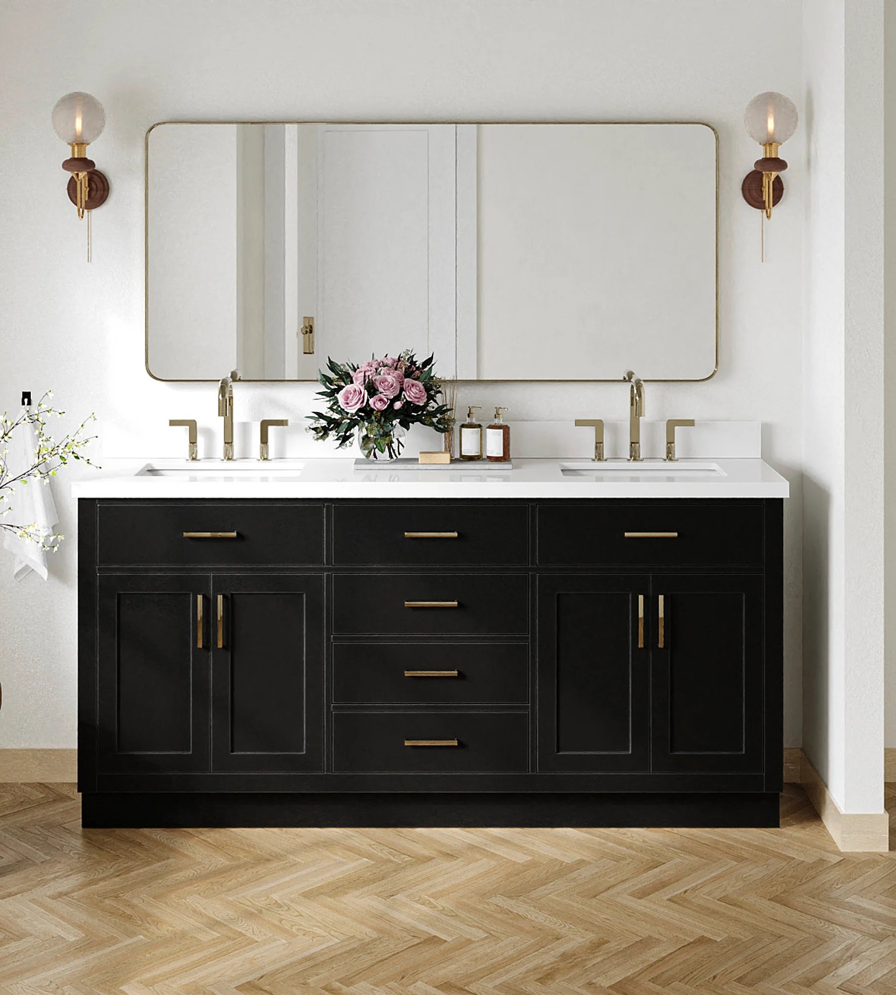 ARIEL Hepburn 73 Inch Double Rectangle Sink Bathroom Vanity With White Quartz Countertop 1.5 Inch Edge In Black