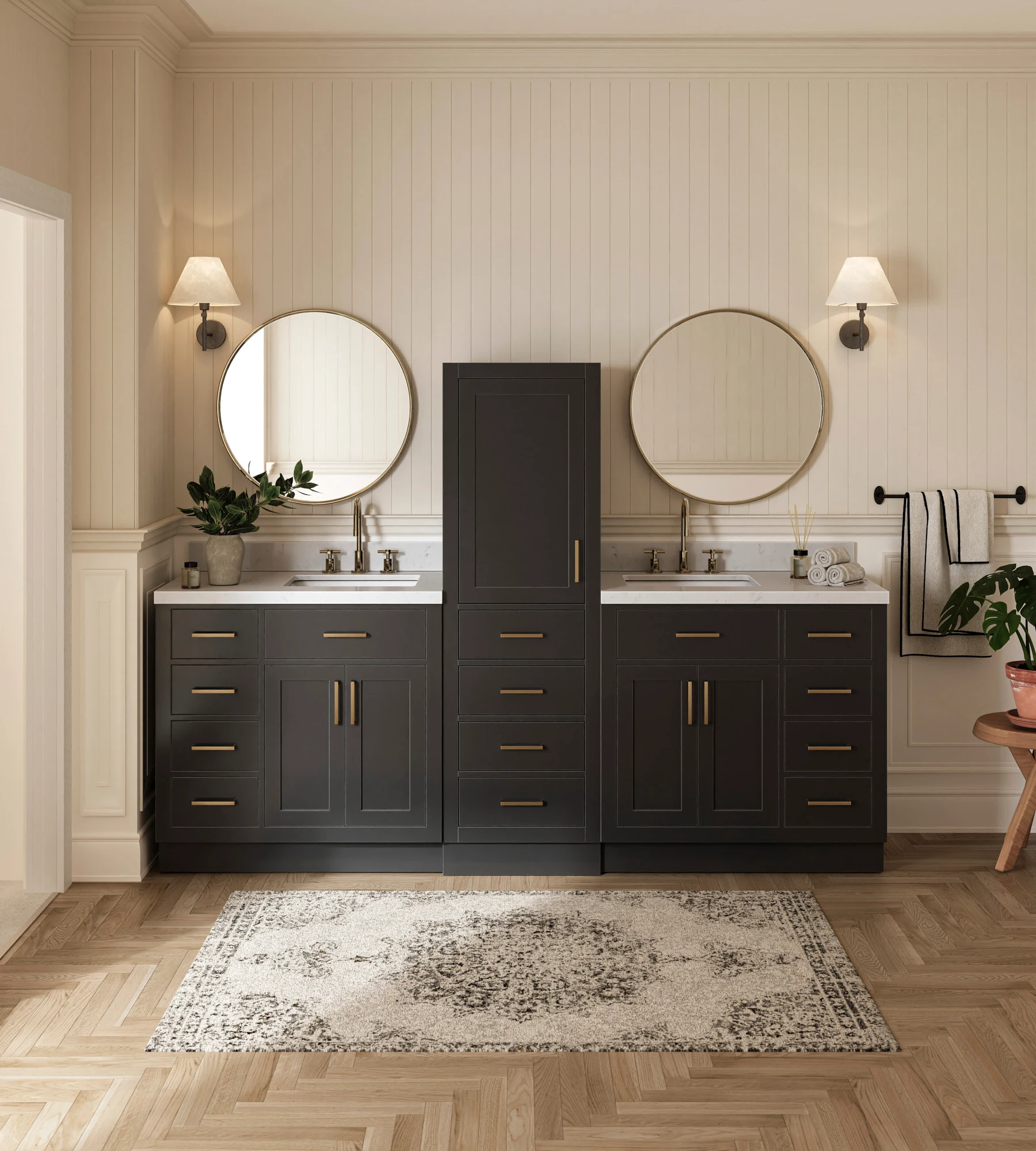 ARIEL Hepburn 92" Double Bathroom Vanity Set With Linen Cabinet In Black