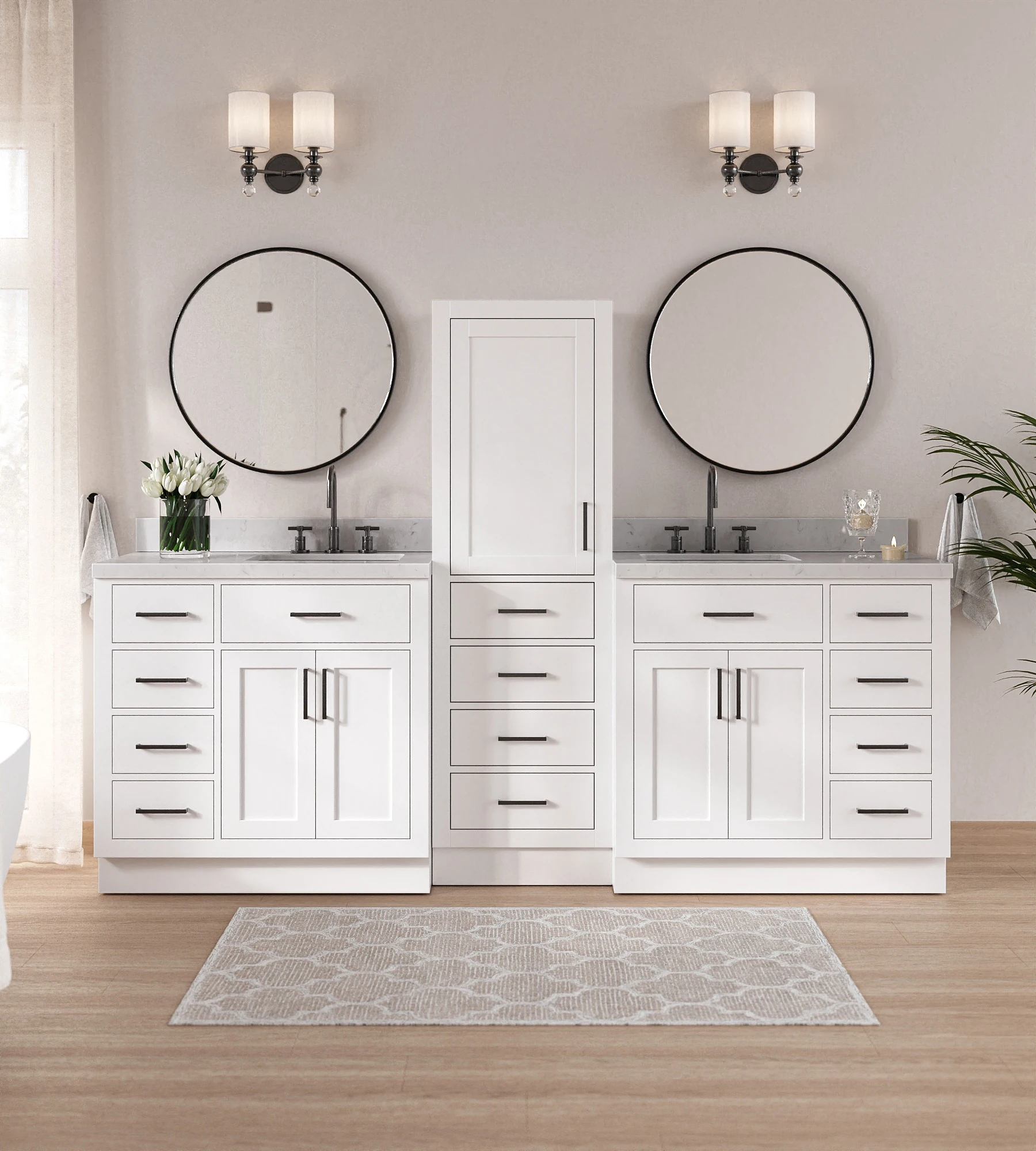 ARIEL Hepburn 92" Double Bathroom Vanity Set With Linen Cabinet In White