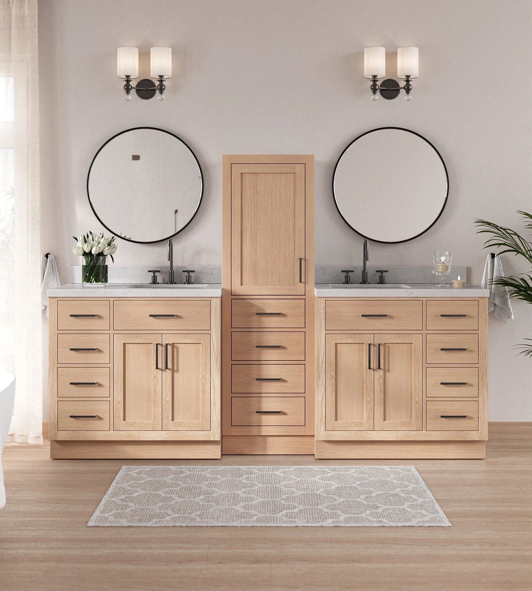 ARIEL Hepburn 92" Double Bathroom Vanity Set With Linen Cabinet In Oak