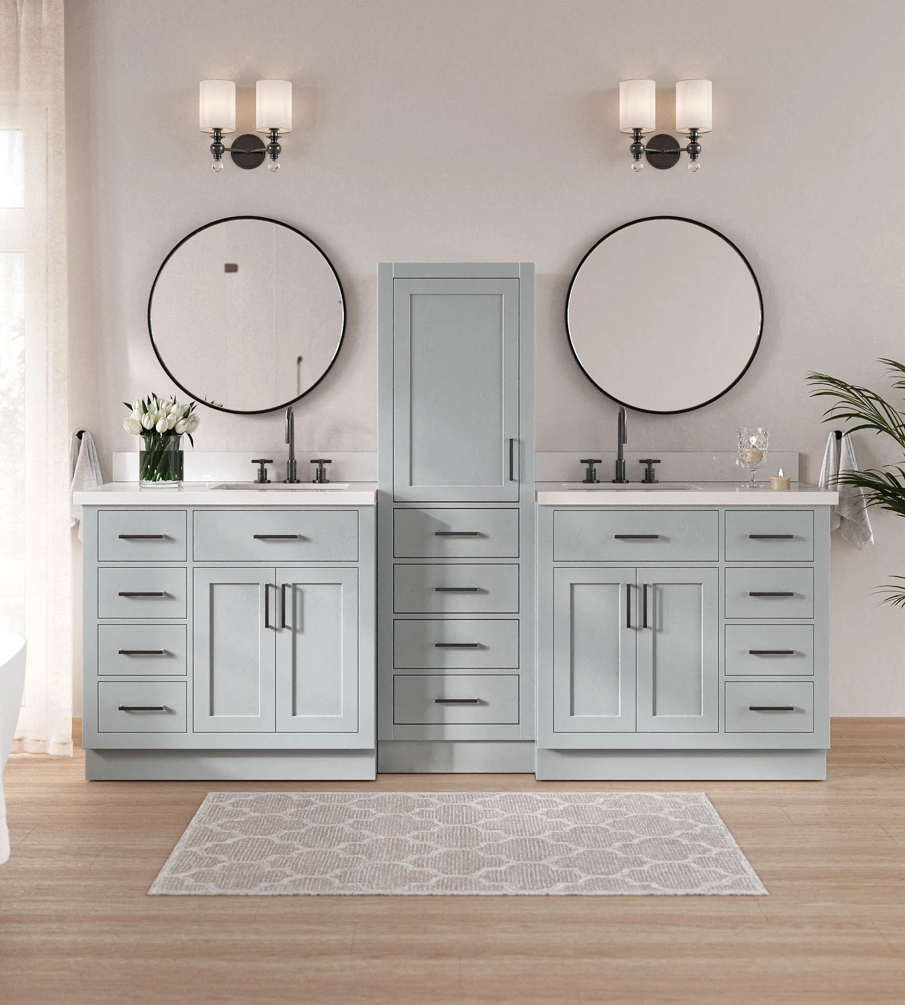 ARIEL Hepburn 94" Double Bathroom Vanity Set With Linen Cabinet In Grey