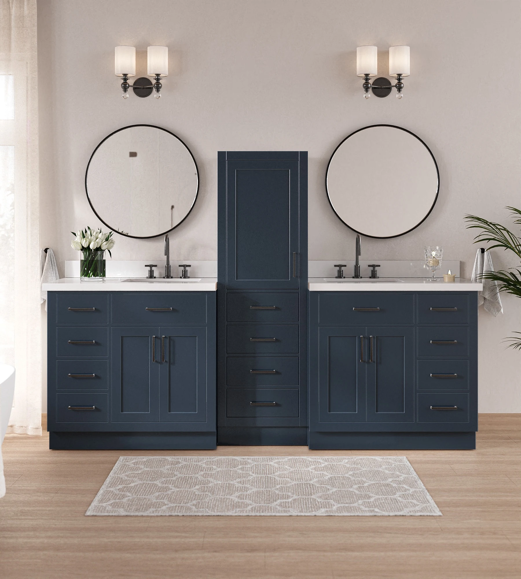 ARIEL Hepburn 94" Double Bathroom Vanity Set With Linen Cabinet In Midnight Blue