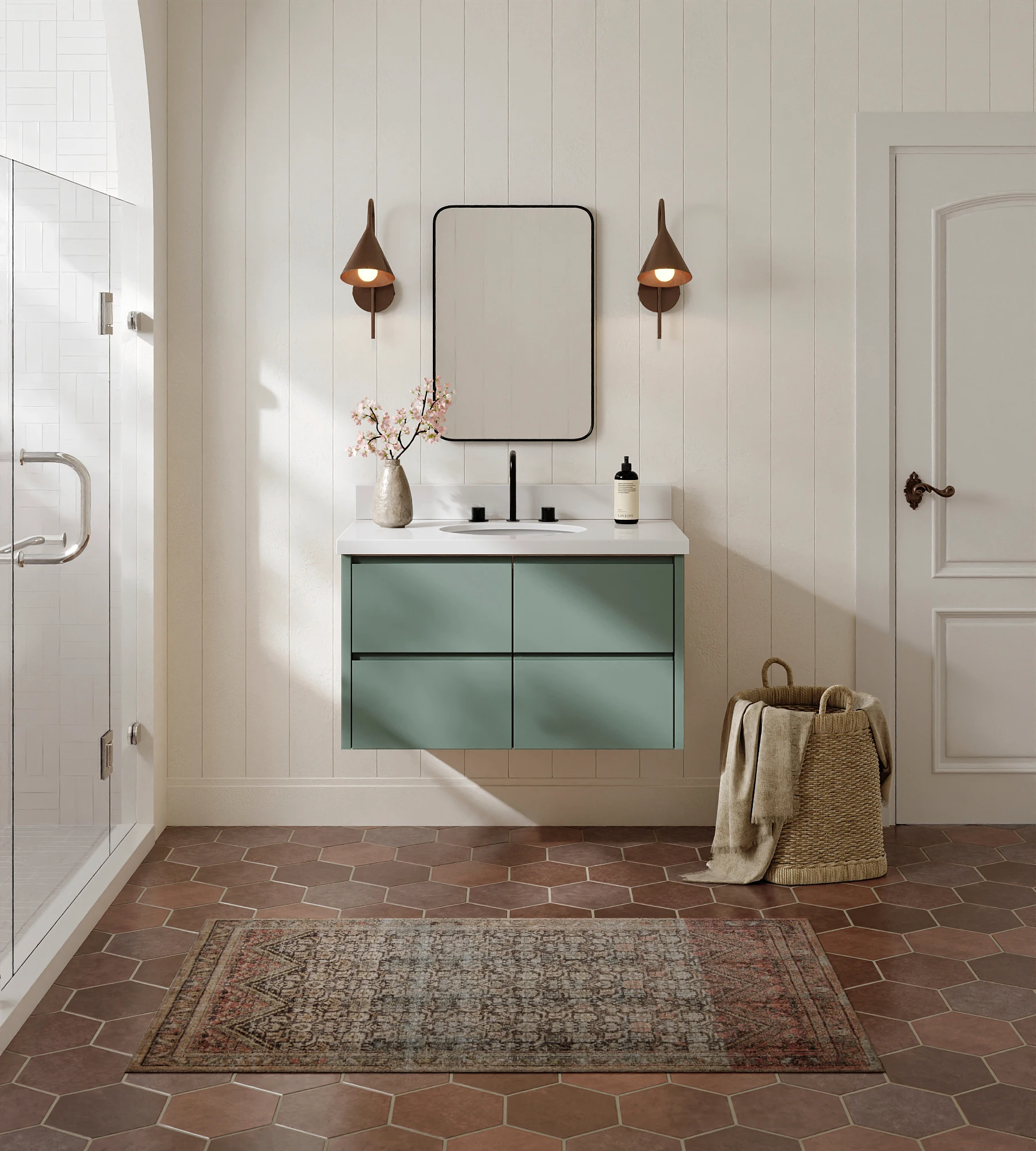 ARIEL West 36 Inch Single Oval Sink Floating Bathroom Vanity With Pure White Quartz Countertop 1.5 Inch In Vintage Sage Green