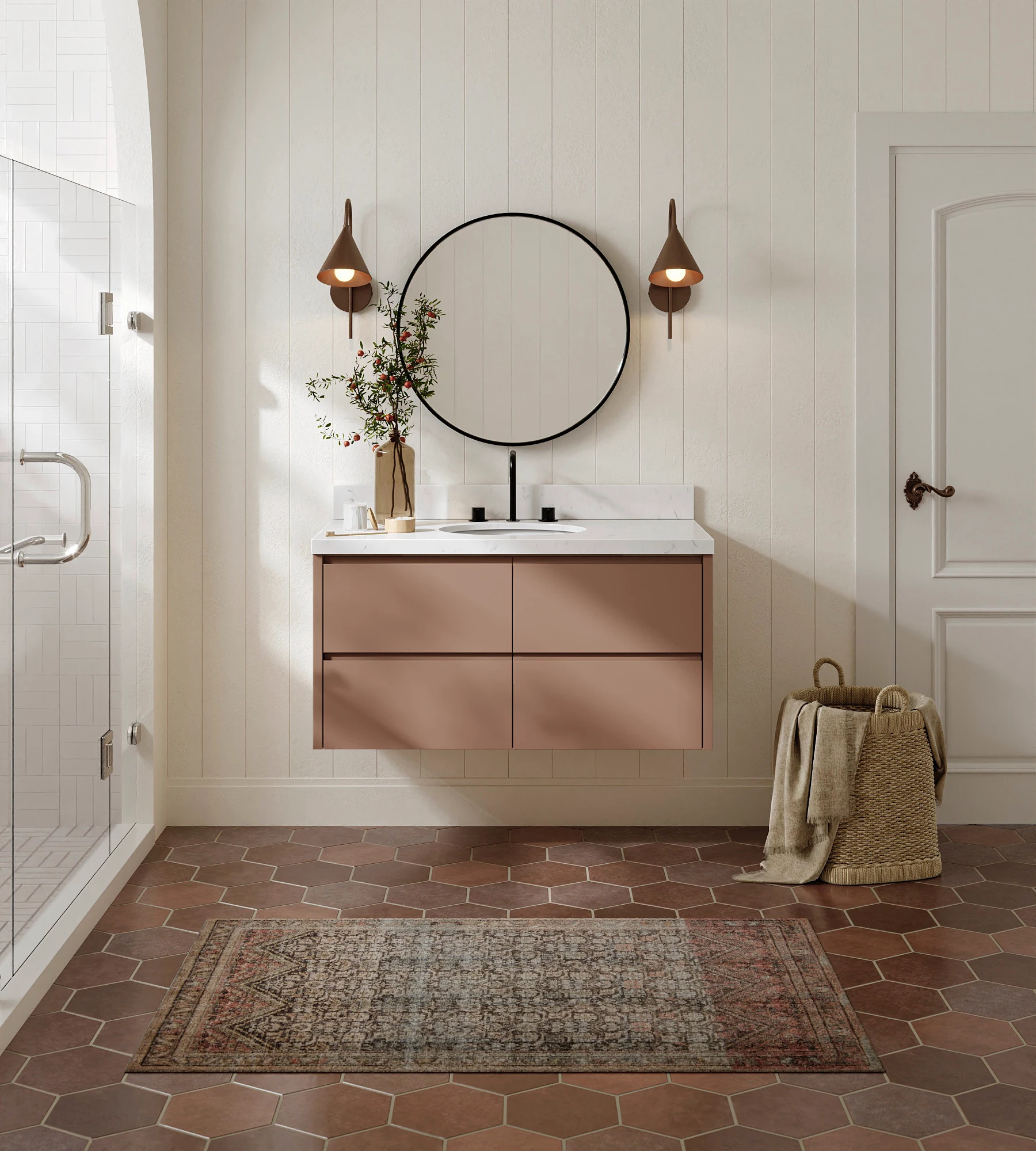 ARIEL West 42 Inch Single Oval Sink Floating Bathroom Vanity With Carrara White Quartz Countertop 1.5 Inch In Mocha