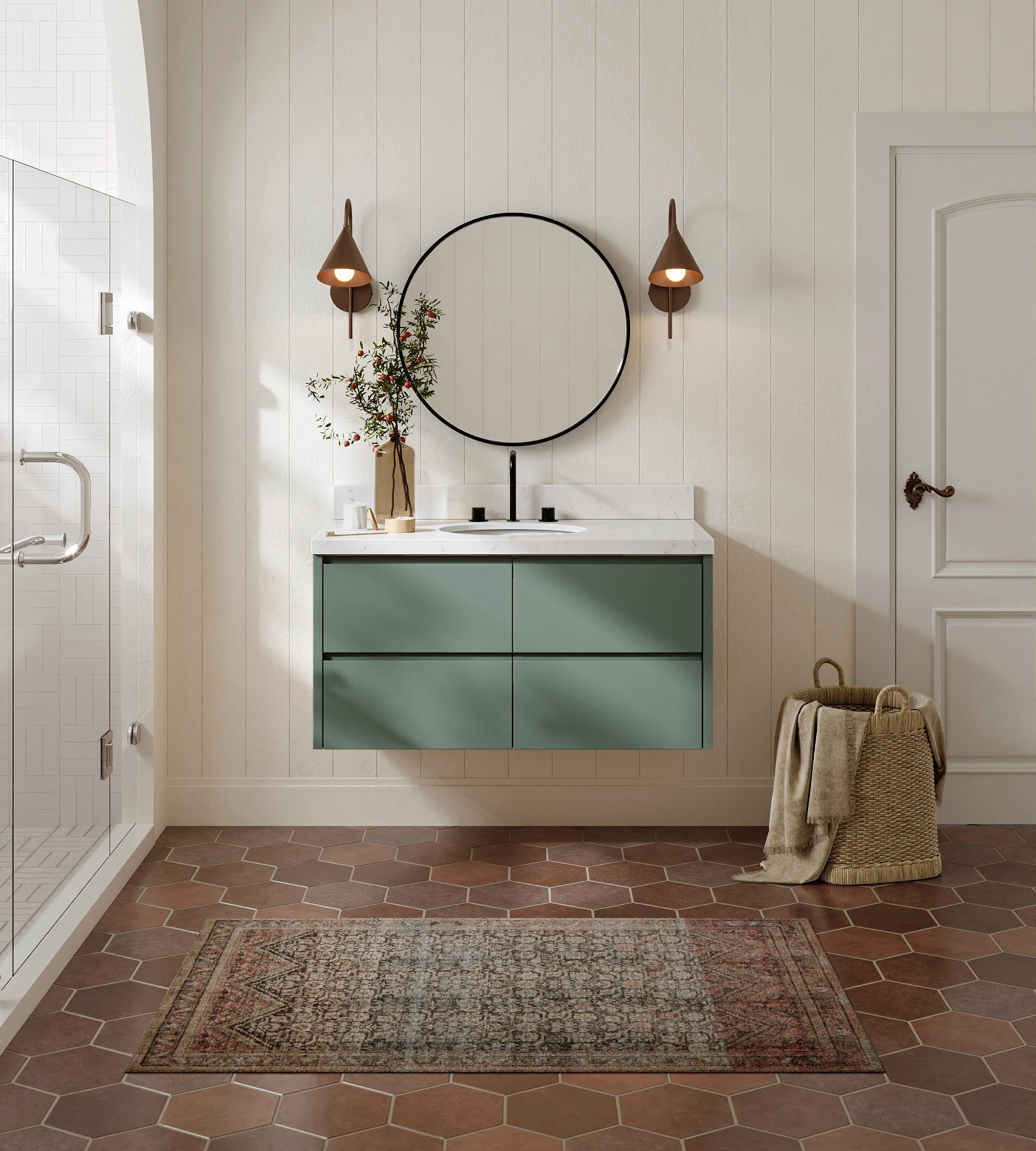 ARIEL West 42 Inch Single Oval Sink Floating Bathroom Vanity With Carrara White Quartz Countertop 1.5 Inch In Vintage Sage Green