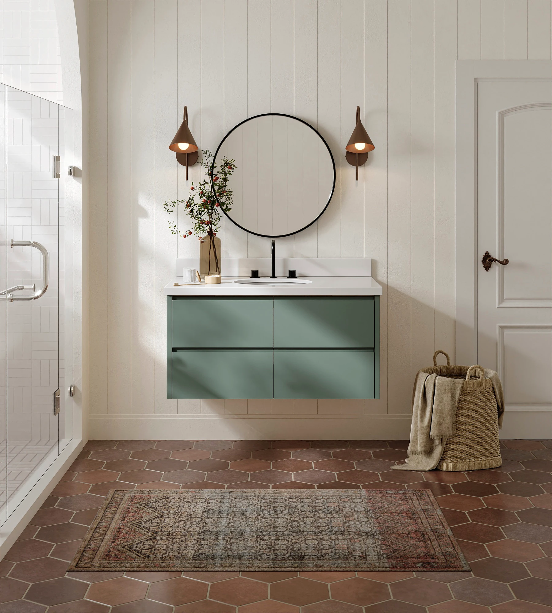 ARIEL West 43 Inch Single Oval Sink Floating Bathroom Vanity With Pure White Quartz Countertop 1.5 Inch In Vintage Sage Green