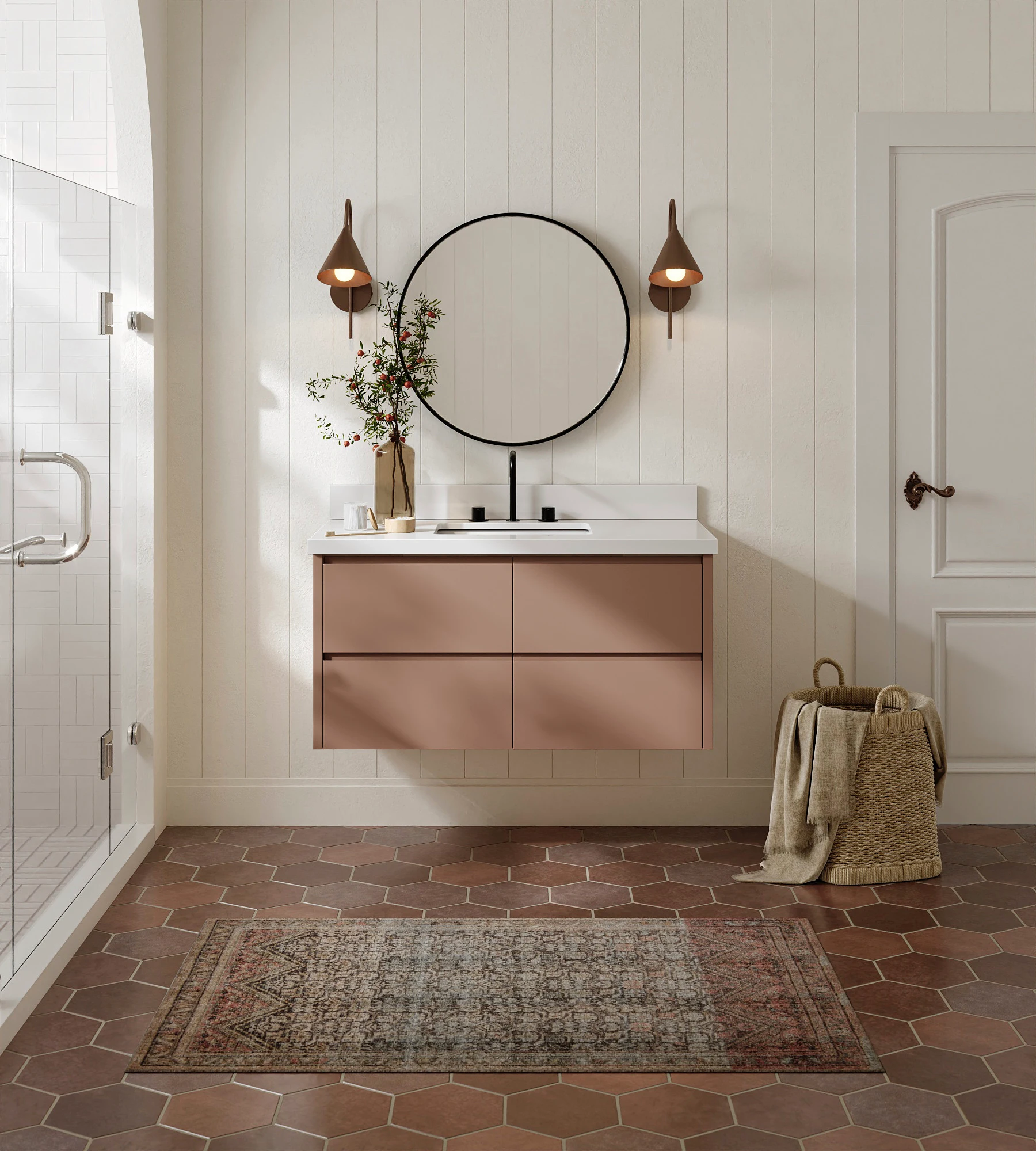 ARIEL West 43 Inch Single Rectangular Sink Floating Bathroom Vanity With Pure White Quartz Countertop 1.5 Inch In Mocha