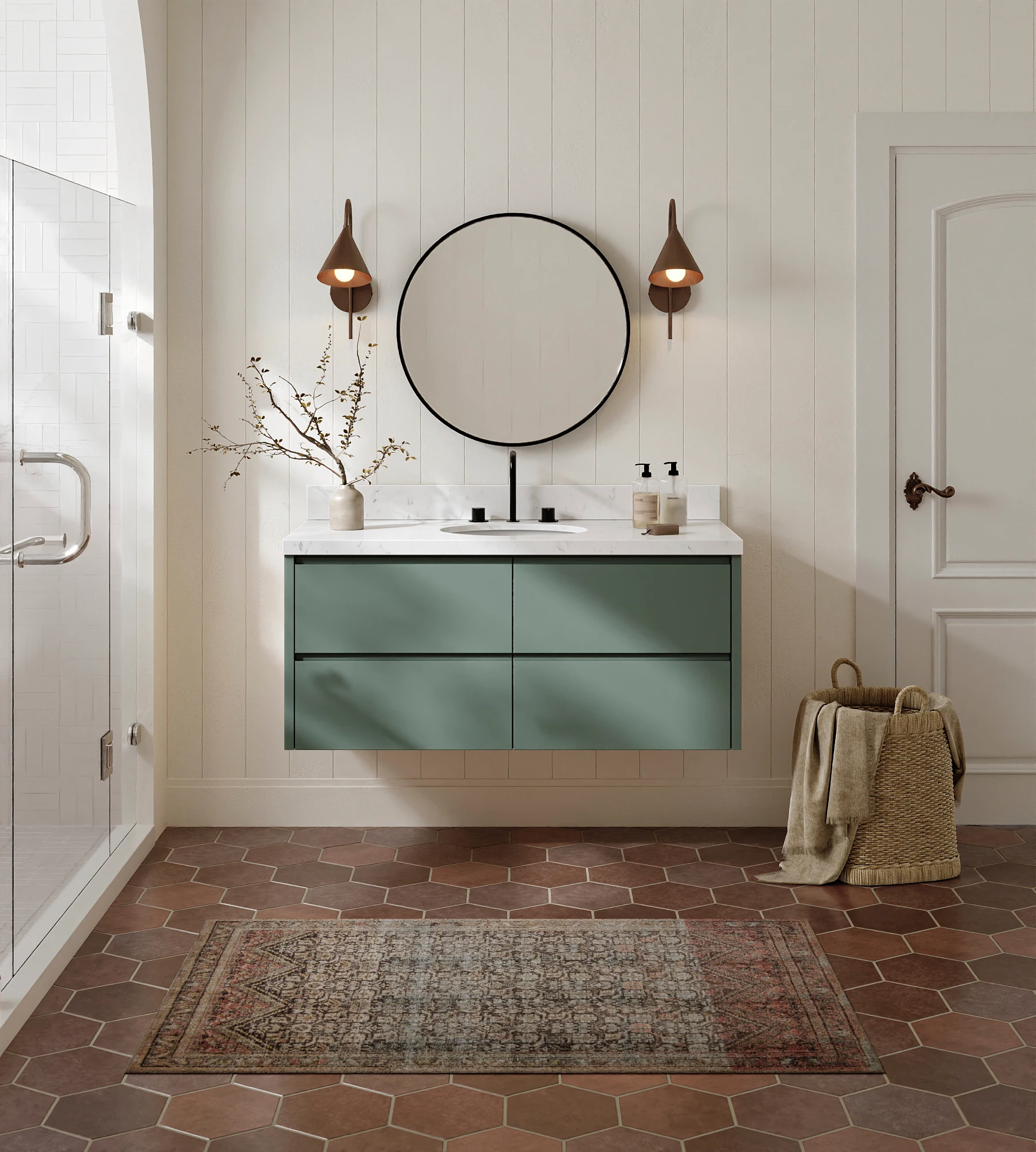 ARIEL West 48 Inch Single Oval Sink Floating Bathroom Vanity With Carrara White Quartz Countertop 1.5 Inch In Vintage Sage Green