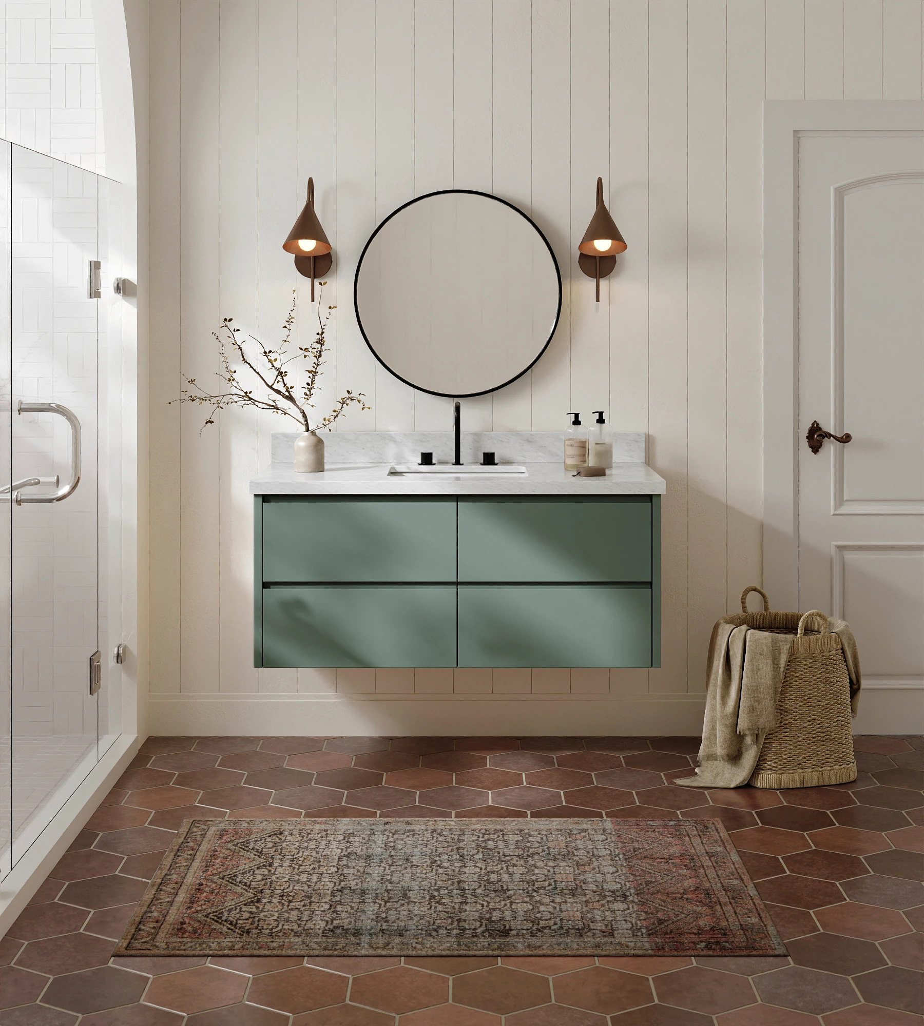 ARIEL West 49 Inch Single Rectangular Sink Floating Bathroom Vanity With Carrara White Marble Countertop 1.5 Inch In Vintage Sage Green