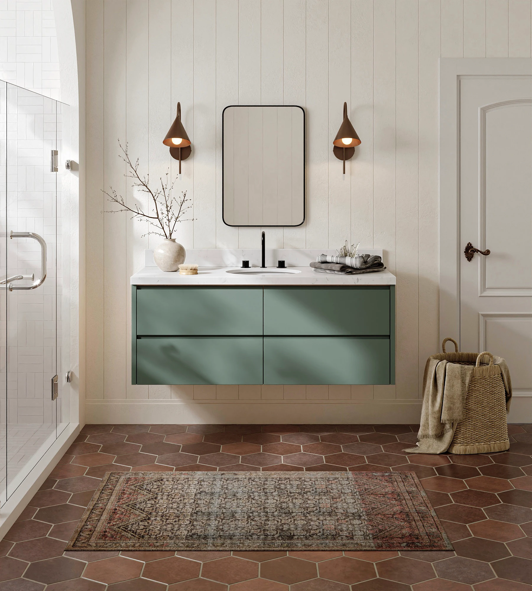ARIEL West 54 Inch Single Oval Sink Floating Bathroom Vanity With Carrara White Quartz Countertop 1.5 Inch In Vintage Sage Green