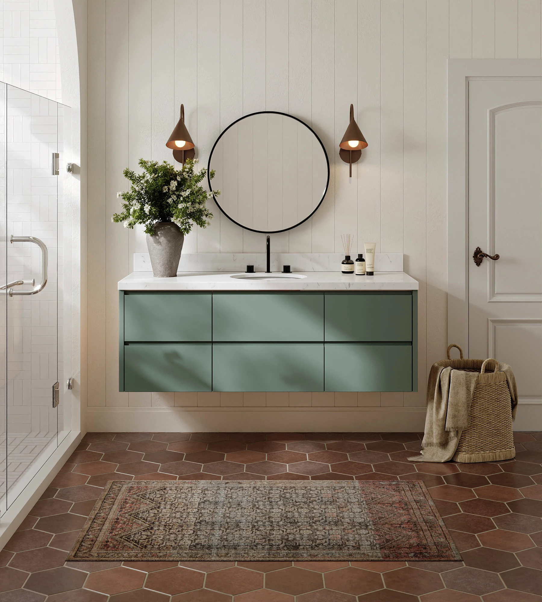 ARIEL West 60 Inch Single Oval Sink Floating Bathroom Vanity With Carrara White Quartz Countertop 1.5 Inch In Vintage Sage Green