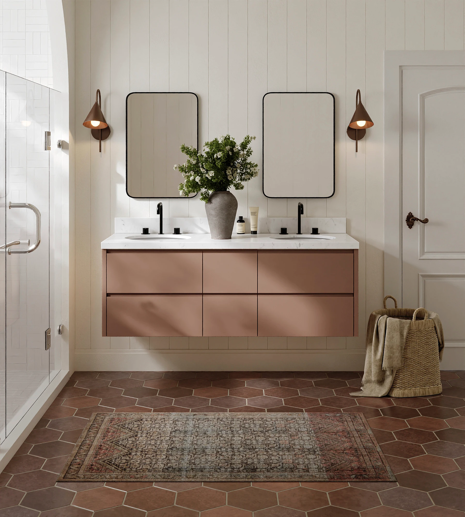 ARIEL West 60 Inch Double Oval Sink Floating Bathroom Vanity With Carrara White Quartz Countertop 1.5 Inch In Mocha