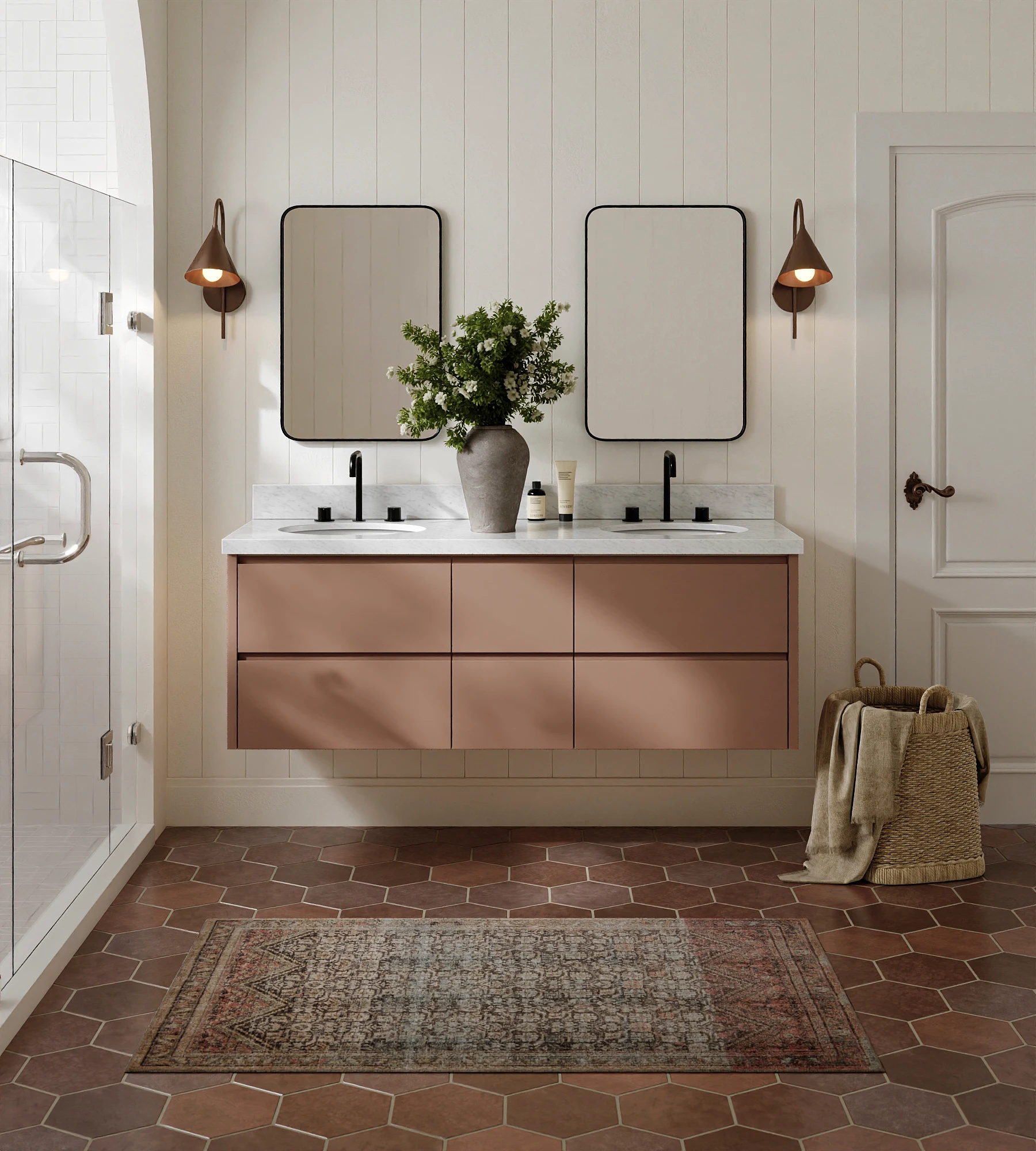 ARIEL West 61 Inch Double Oval Sink Floating Bathroom Vanity With Carrara White Marble Countertop 1.5 Inch In Mocha