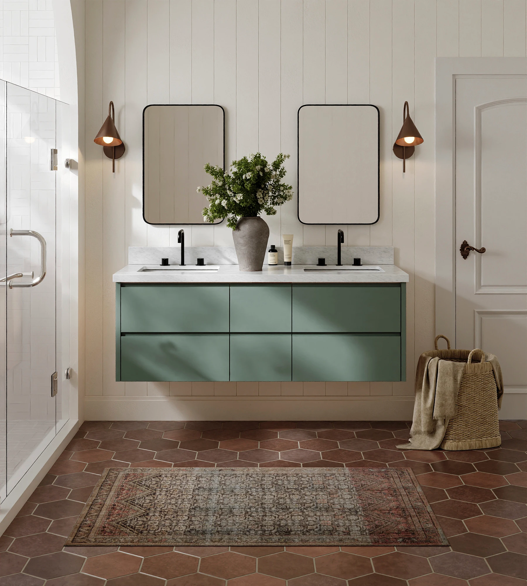 ARIEL West 61 Inch Double Rectangular Sink Floating Bathroom Vanity With Carrara White Marble Countertop 1.5 Inch In Vintage Sage Green
