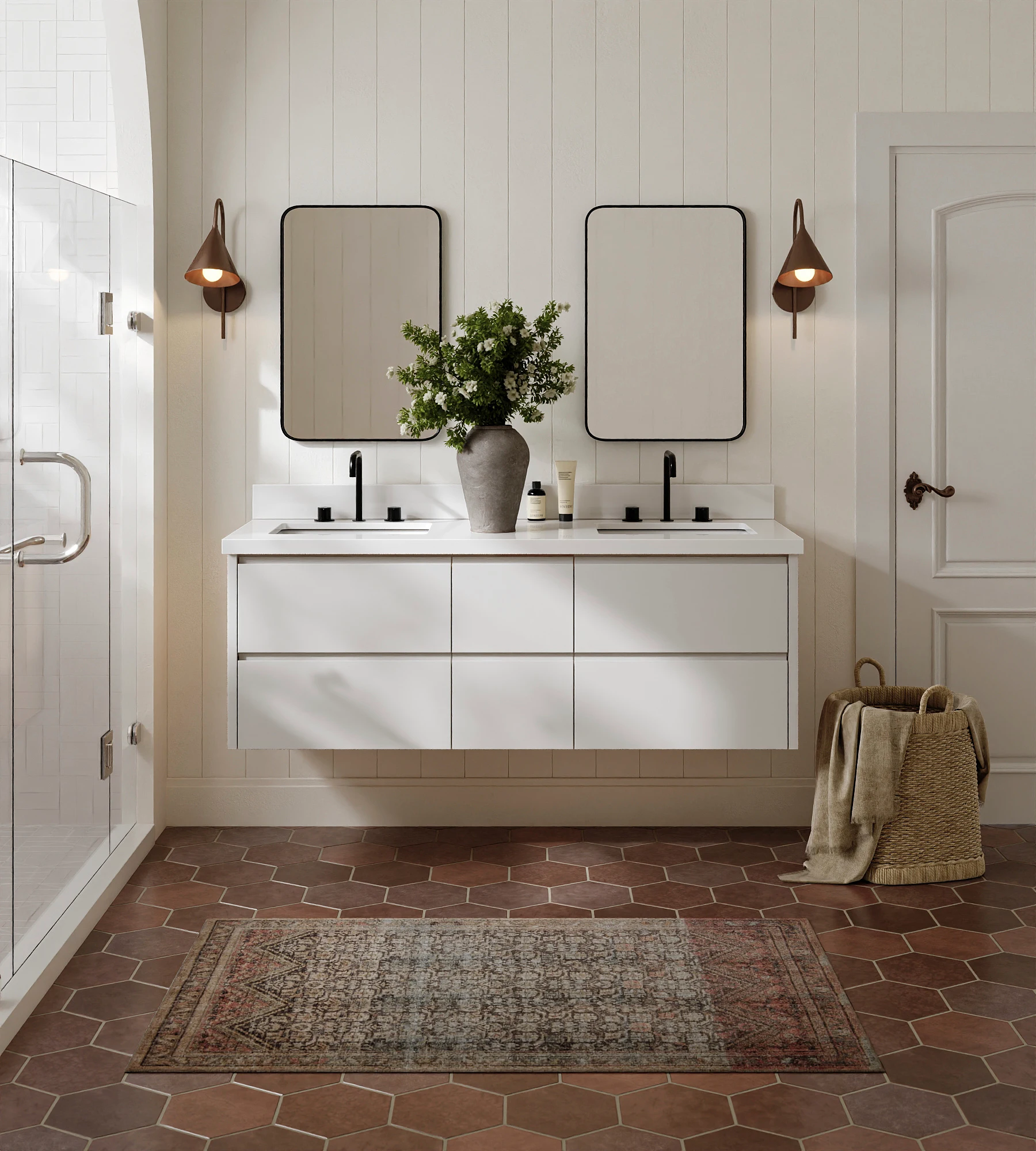 ARIEL West 61 Inch Double Rectangular Sink Floating Bathroom Vanity With Pure White Quartz Countertop 1.5 Inch In Warm White