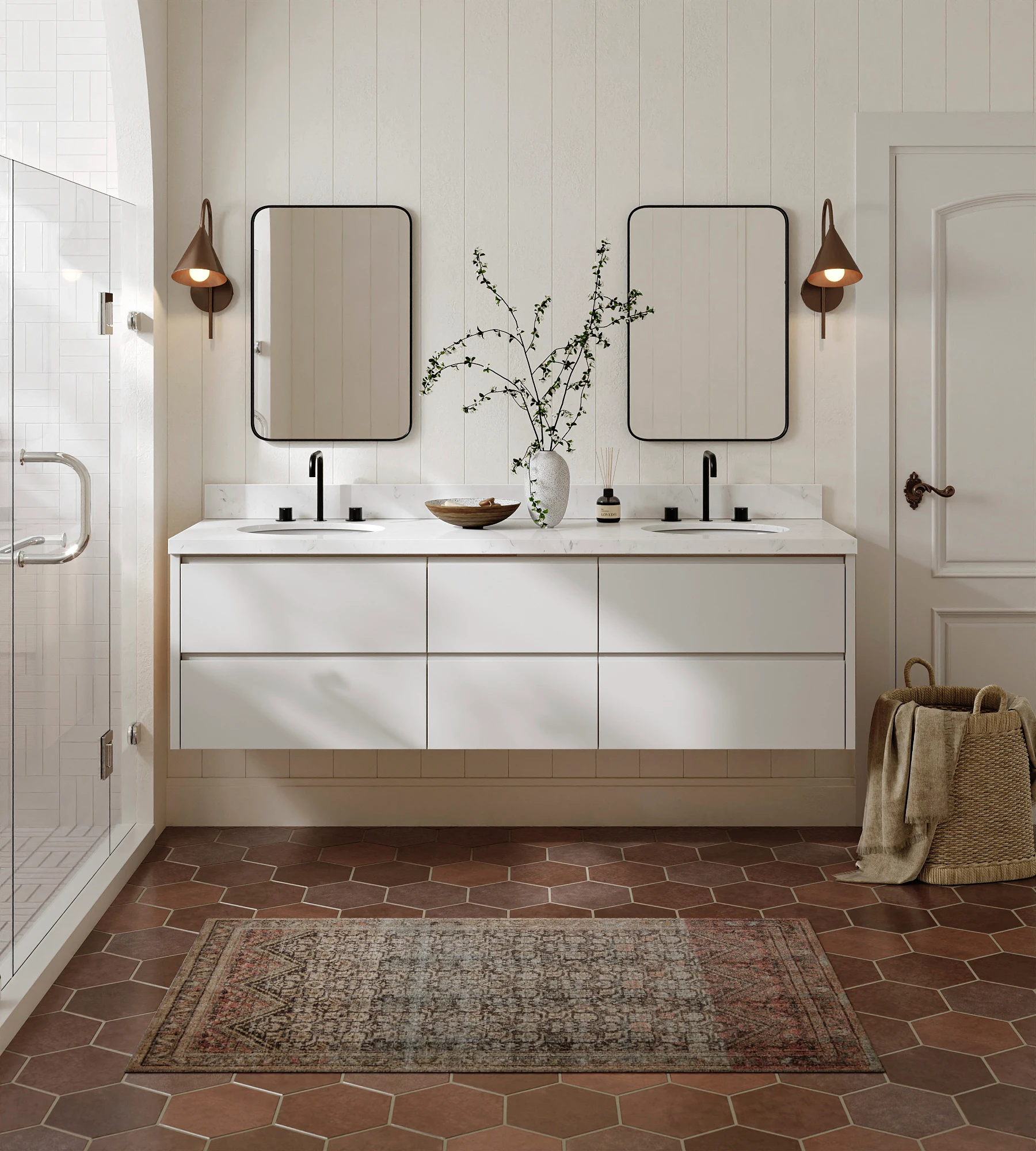 ARIEL West 72 Inch Double Oval Sink Floating Bathroom Vanity With Carrara White Quartz Countertop 1.5 Inch In Warm White