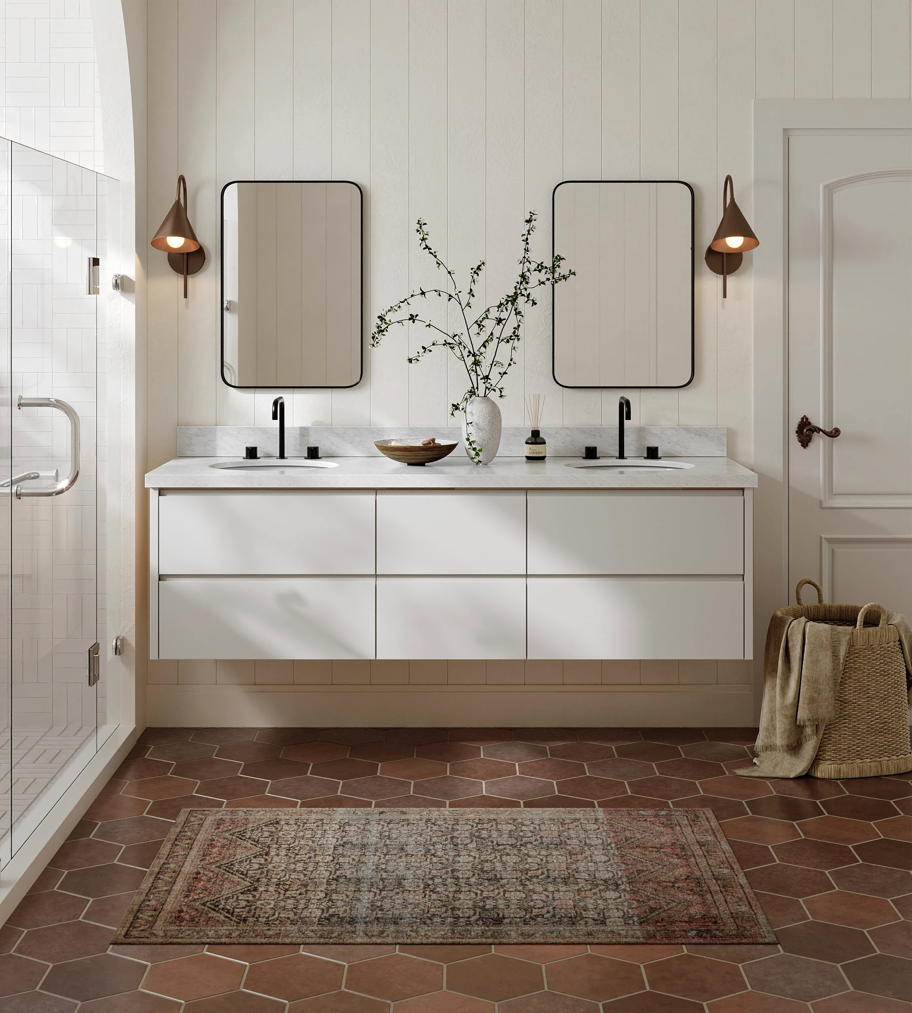 ARIEL West 73 Inch Double Oval Sink Floating Bathroom Vanity With Carrara White Marble Countertop 1.5 Inch In Warm White