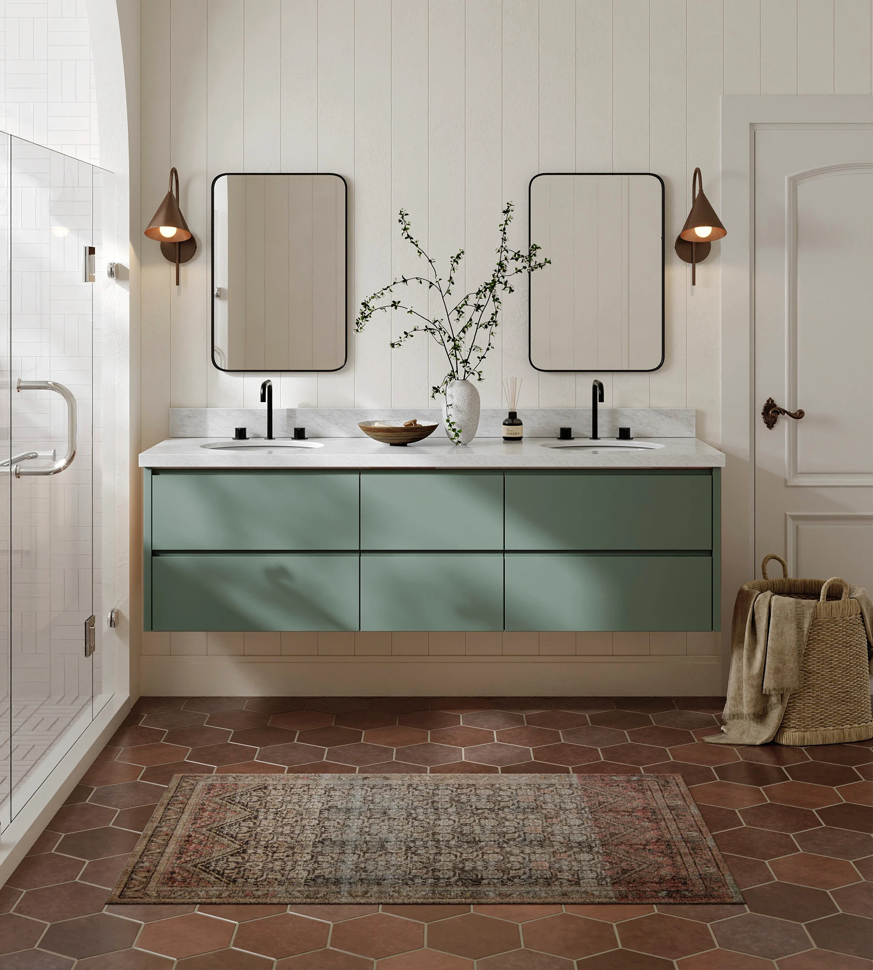 ARIEL West 73 Inch Double Oval Sink Floating Bathroom Vanity With Carrara White Marble Countertop 1.5 Inch In Vintage Sage Green