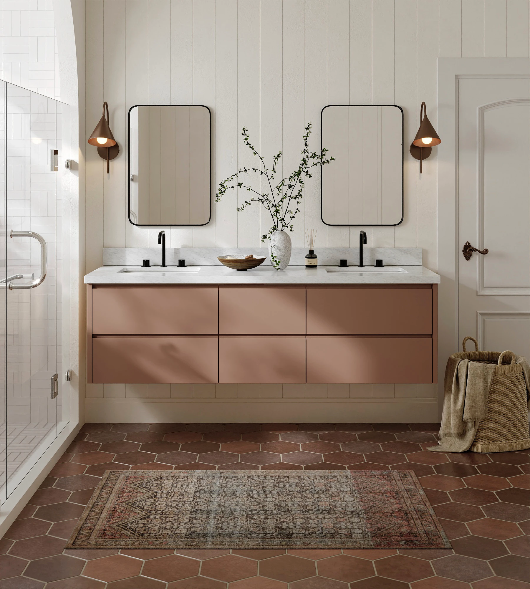 ARIEL West 73 Inch Double Rectangular Sink Floating Bathroom Vanity With Carrara White Marble Countertop 1.5 Inch In Mocha