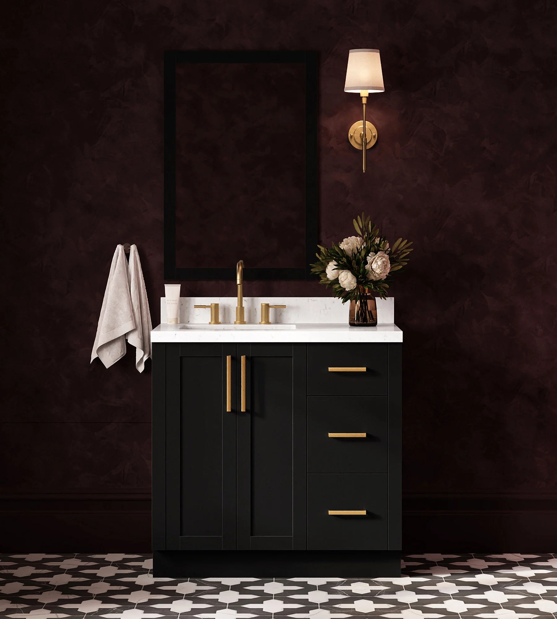 ARIEL Loren 36 Inch Left Offset Single Rectangular Sink Bathroom Vanity With Carrara White Quartz Countertop 1.5 Inch In Black