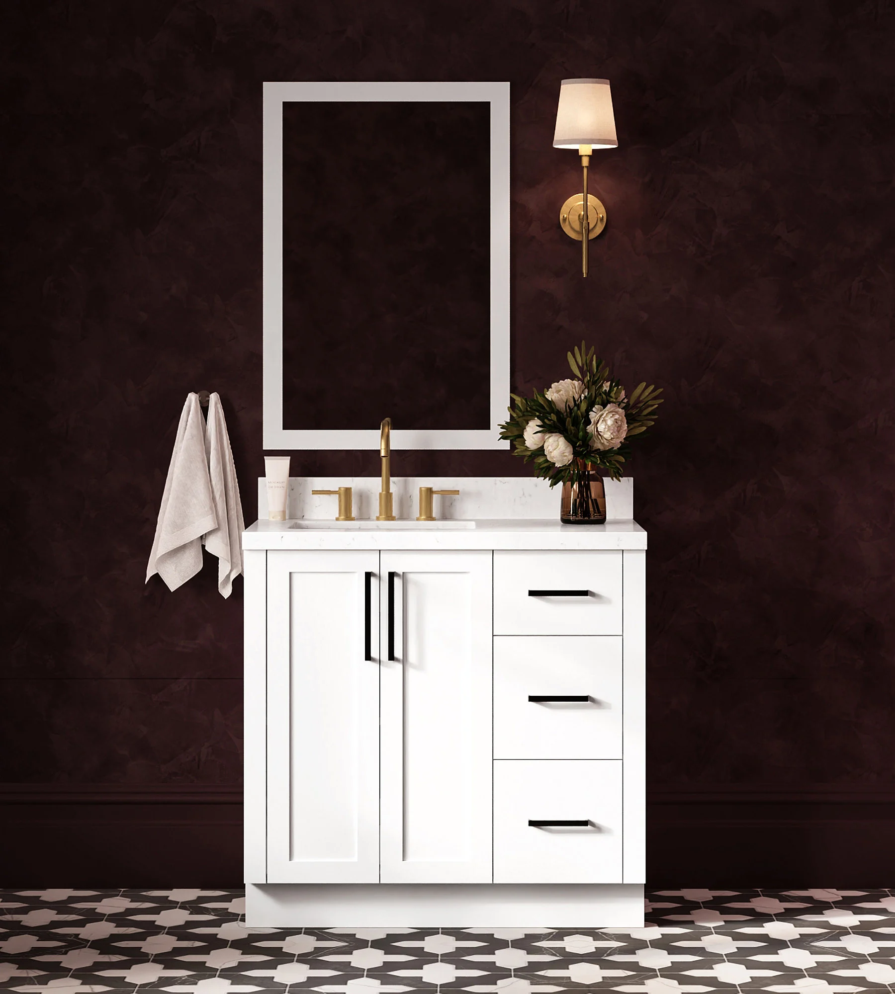 ARIEL Loren 36 Inch Left Offset Single Rectangular Sink Bathroom Vanity With Carrara White Quartz Countertop 1.5 Inch In White